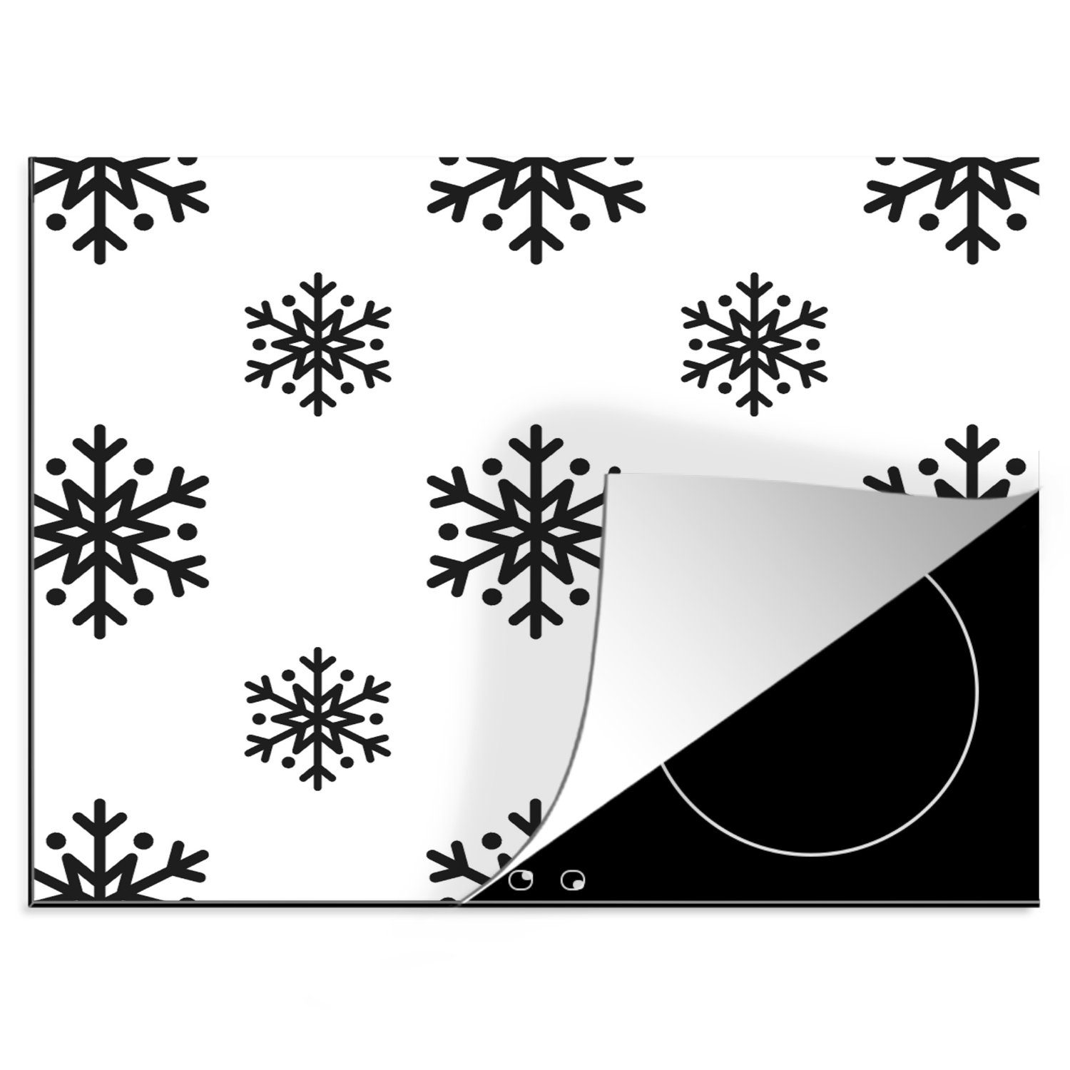 MuchoWow Herdblende-/Abdeckplatte Schneeflocke - Winter - Schwarz - Weiß - Muster, Vinyl, (1 tlg), 60x52 cm, Mobile Arbeitsfläche nutzbar, Ceranfeldabdeckung