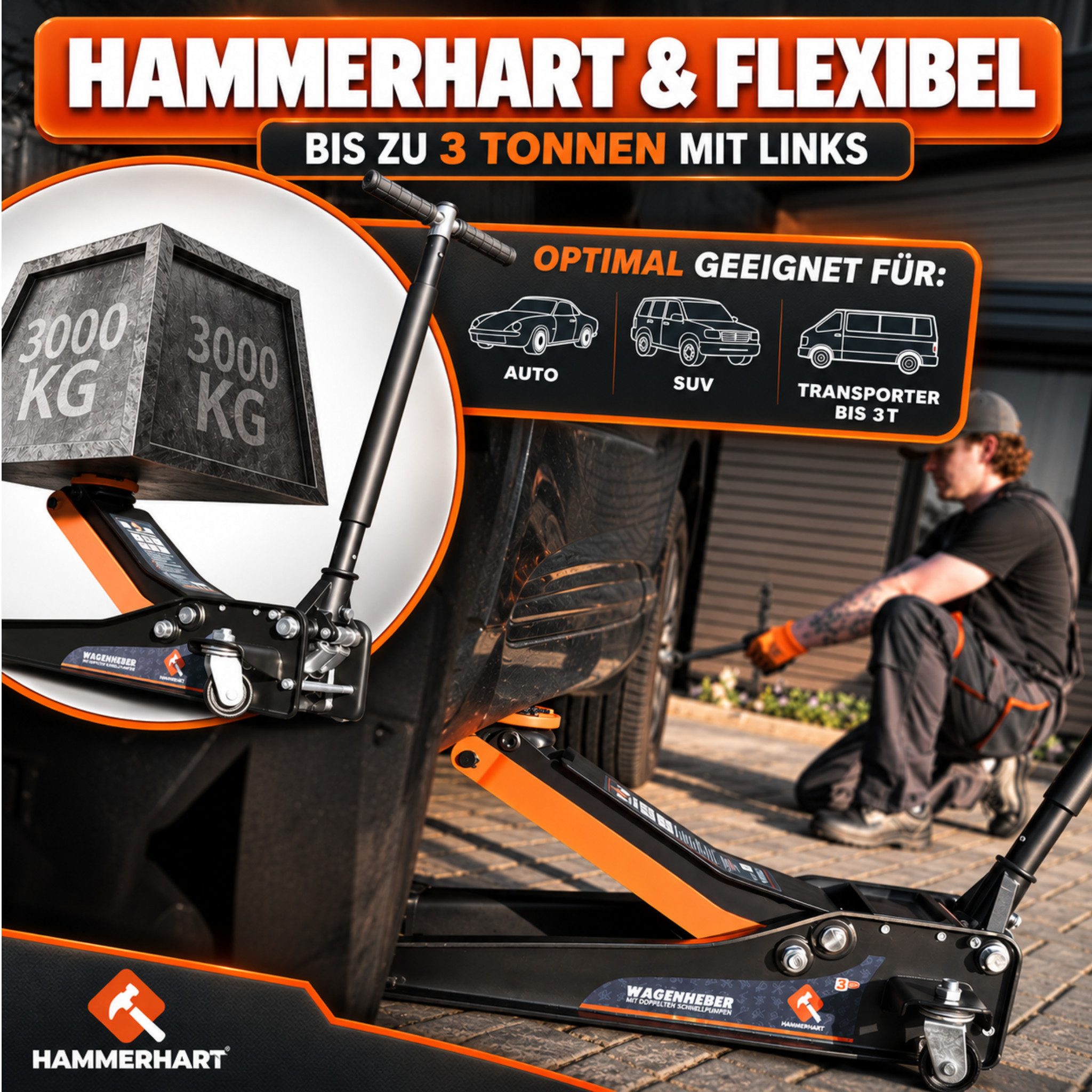 HAMMERHART Wagenheber Hydraulischer Wagenheber 3T, Flach, Doppelkolben, 75–460 mm, max. Hubhöhe: 46 cm, Premium Wagenheber 3 Tonnen, Wagenheber 3 Tonnen – Bild 2 von 5