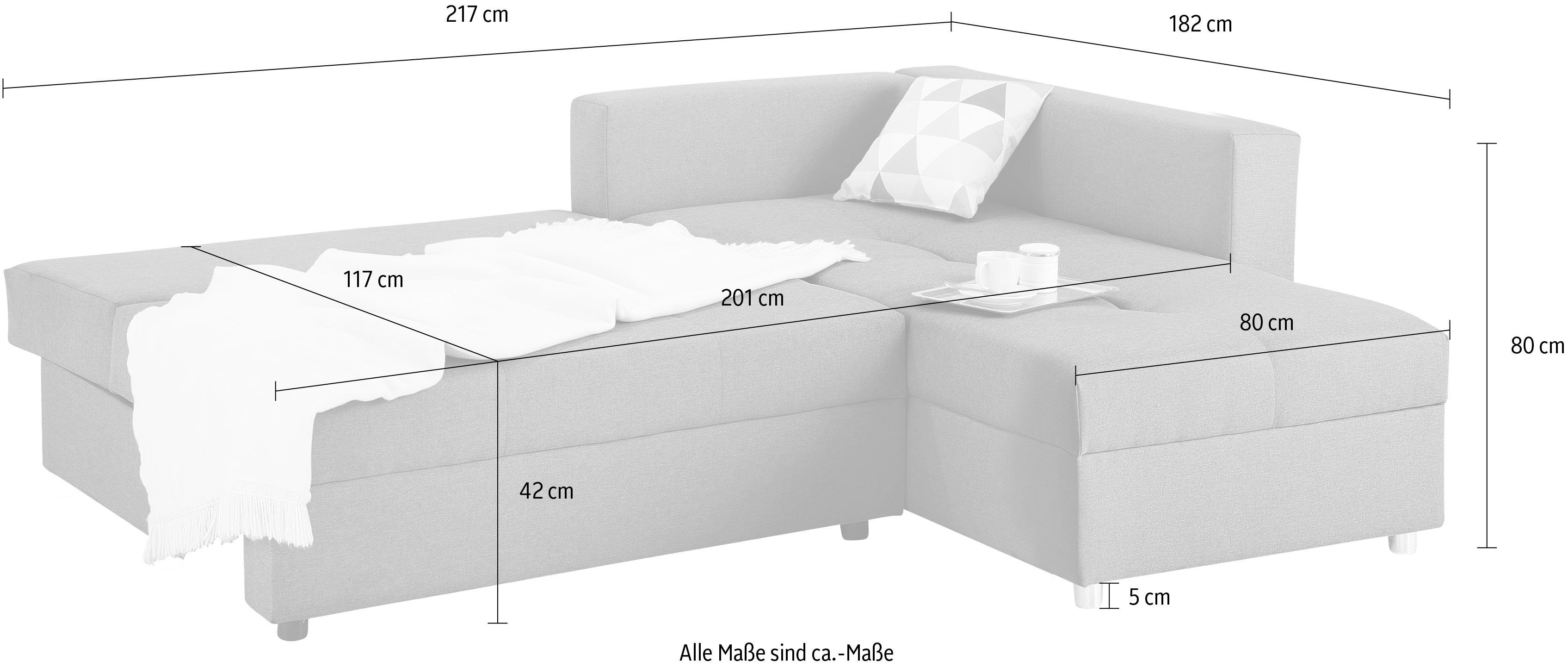 Home affaire Ecksofa Italia L-Form, mit Bettfunktion, mit Federkern