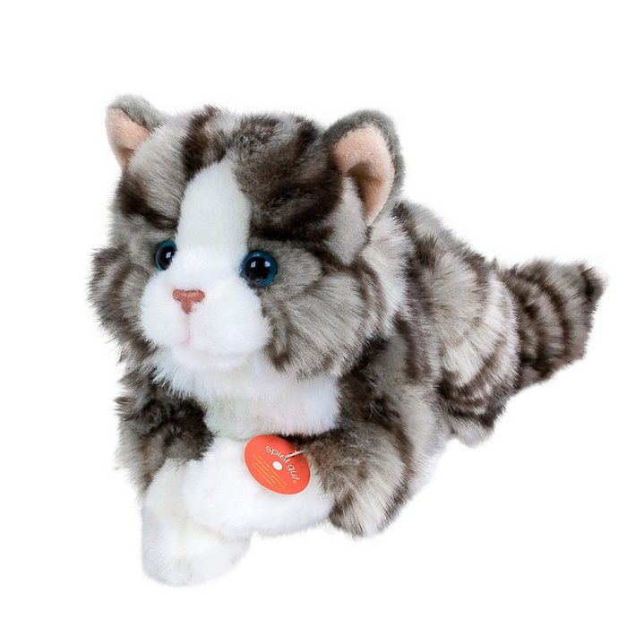 Teddys Rothenburg Kuscheltier Katze 28 cm liegend grau getigert Plüschkatze