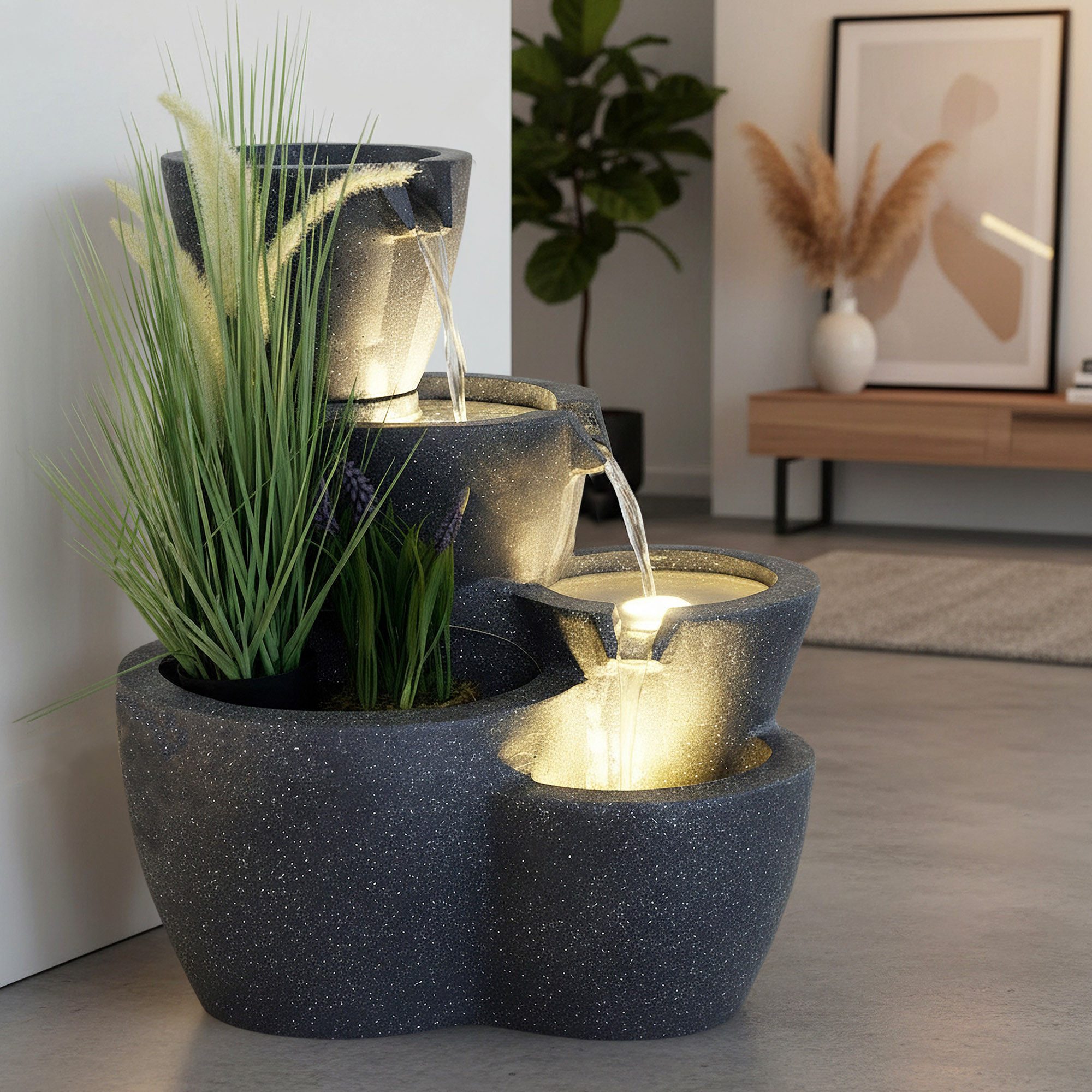 Arnusa Gartenbrunnen Zimmerbrunnen Botana Warm-Weiß Kaskade Gartendekoration, 53,00 cm Breite, (Komplett-Set), Springbrunnen bepflanzbar und mit Beleuchtung
