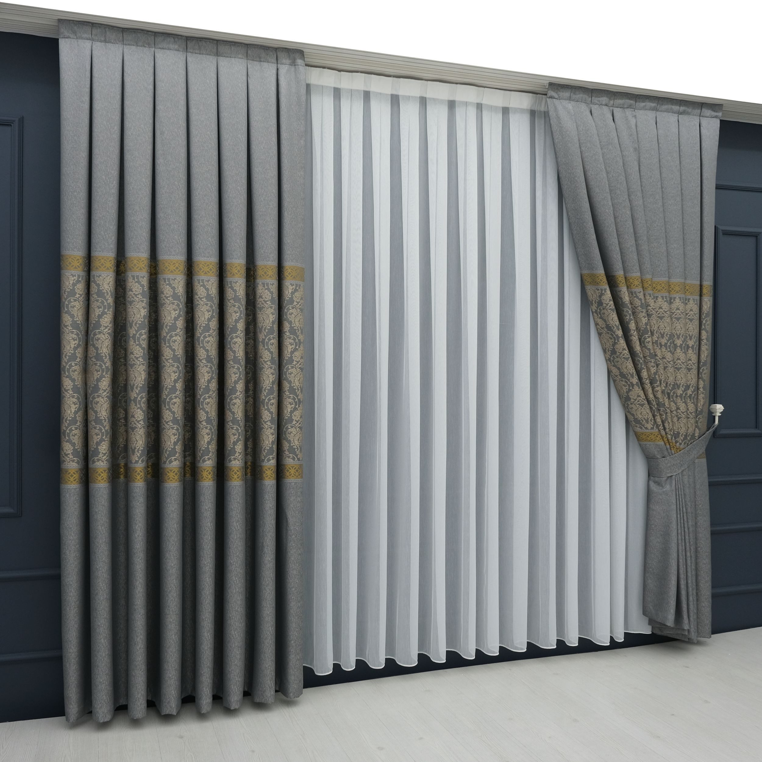 Gardinen by Justyna Vorhang Komplett-Set Vorhang Grau – Falten mit Store (5 St), Kräuselband, Fertiggardine, Halbtransparent, Faltenband, Komplett-Set, Pflegeleicht