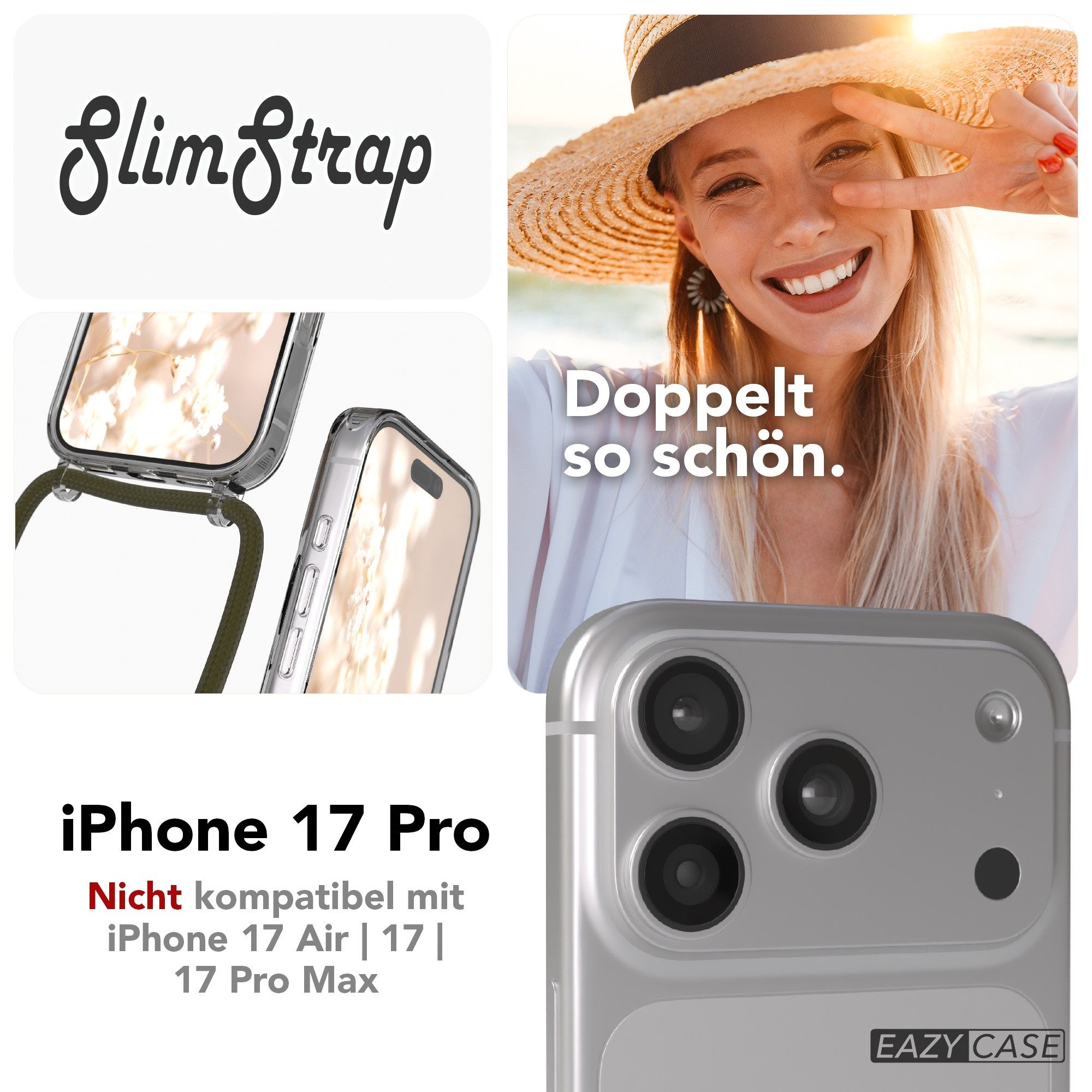 EAZY CASE Handykette mit Magsafe Hülle für Apple iPhone 17 Pro 6,3 Zoll, Cross Bag Handykordel Smartphonekette für Unterwegs Festival Olivegrün
