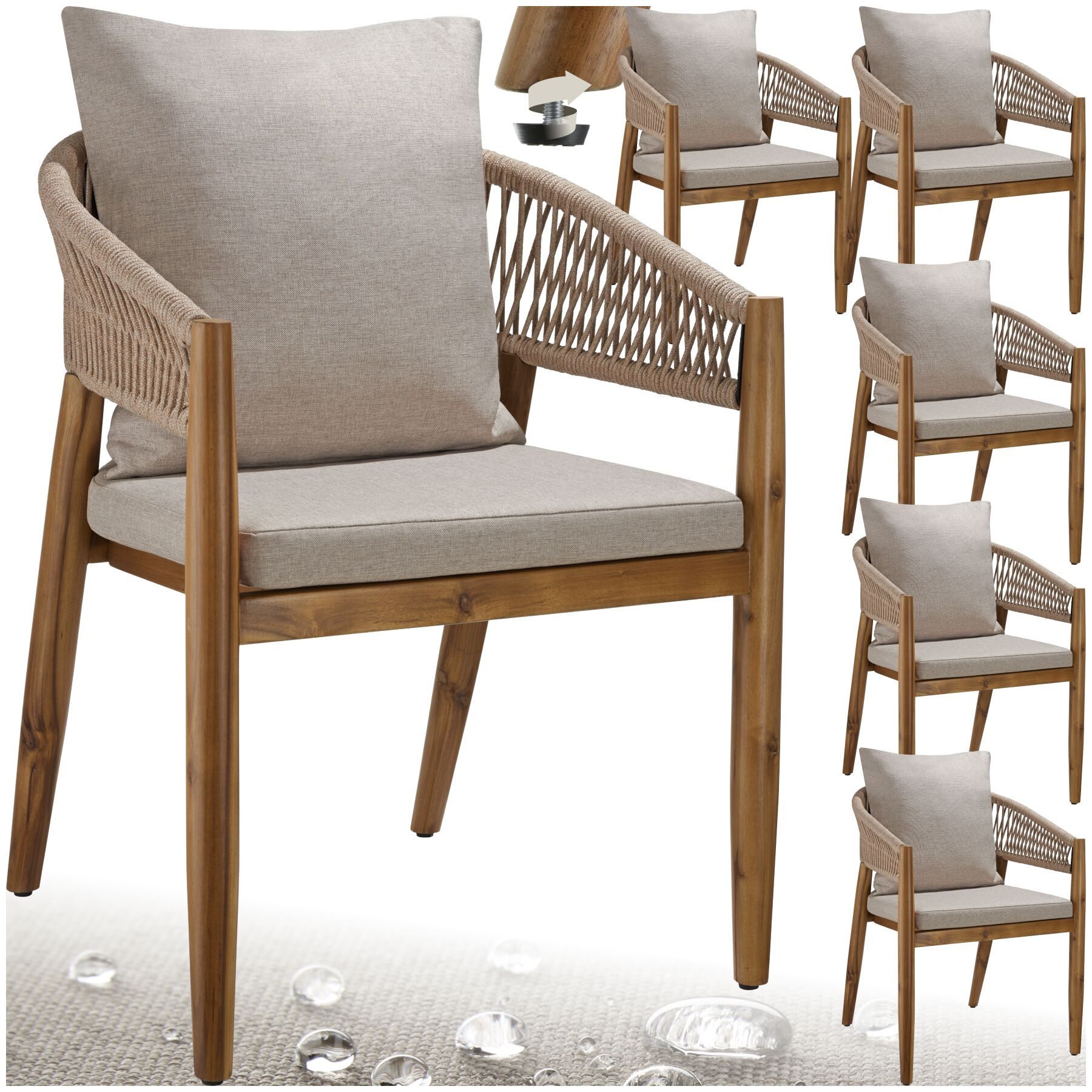 tectake Gartenstuhl Outdoor-Sessel im Rope-Design aus Akazienholz, wetterfest, 59x58x76 (Gartensessel Manacor, 6 St), wasserabweisende, abnehmbare Polyesterbezüge, höhenverstellbare Füße