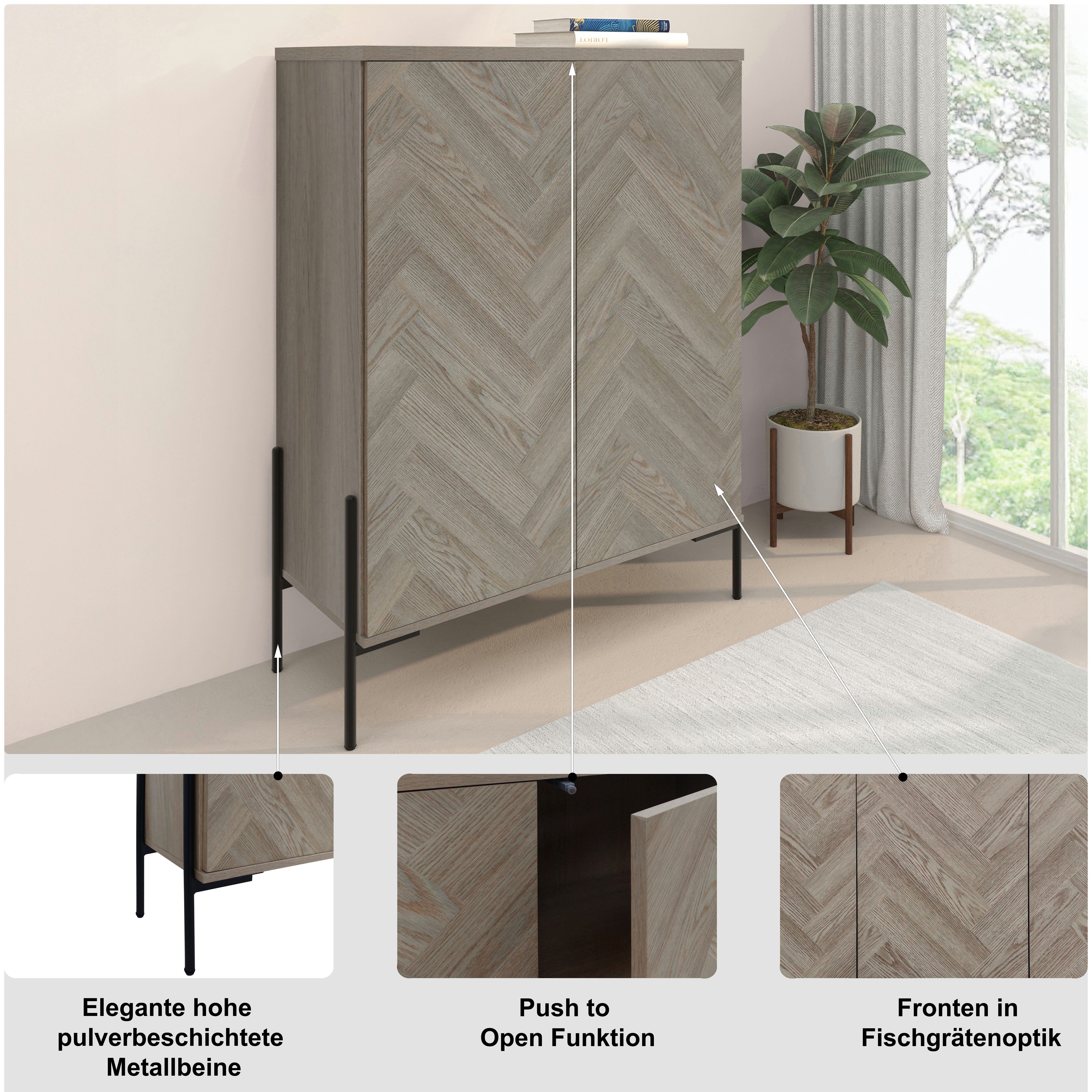OTTO home Highboard Eadwine, Kommode, Midischrank, Push-to-open, Türen mit Fischgräten Muster