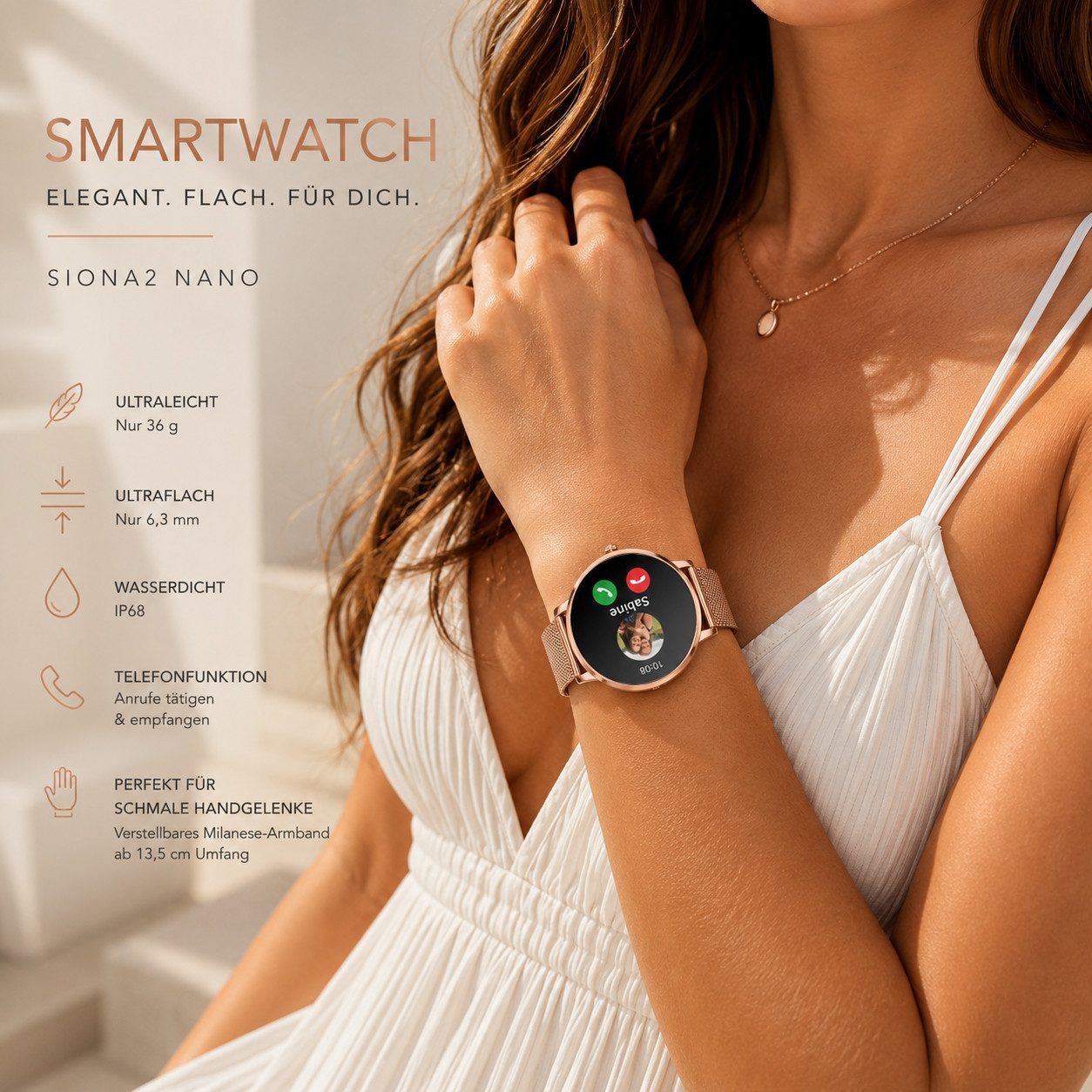 XCOAST SIONA 2 NANO - kleine Damen Smartwatch (37 cm, iOS Android) 6,9mm flach, Anrufe, Schrittzähler, Puls, Blutdruck, Schlafüberwachung, 1-tlg., 6,9mm hoch, 37mm Display, über 100 Sportarten, bis zu 6 Tage Akku, 6,9mm flach, Edelstahl, wasserdicht, 37mm AMOLED always-on Display