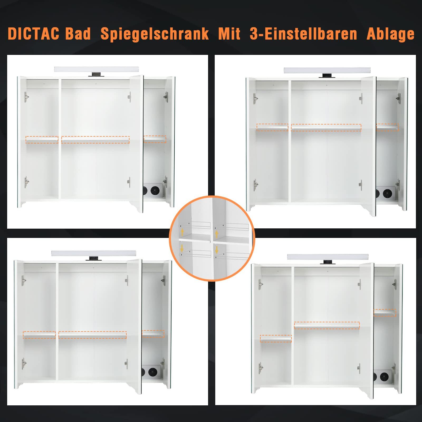MSMASK Badezimmerspiegelschrank mit LED Beleuchtung, Steckdose und lichtschalter 70x15x60cm(BxTxH) (Ohne Matratze) Badezimmer spiegelschrank mit 3 Türen,Spiegel,Hängeschrank