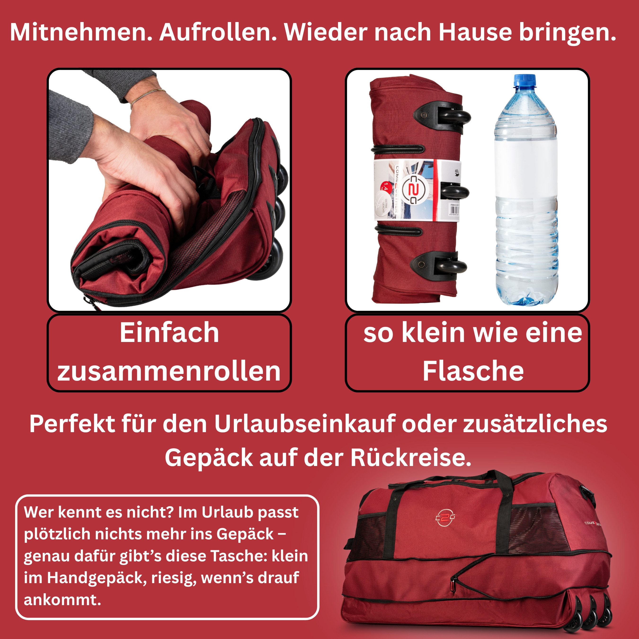 cocoono Reisetasche Faltbare Reisetasche mit Rollen 120 L – XXL Rolltasche