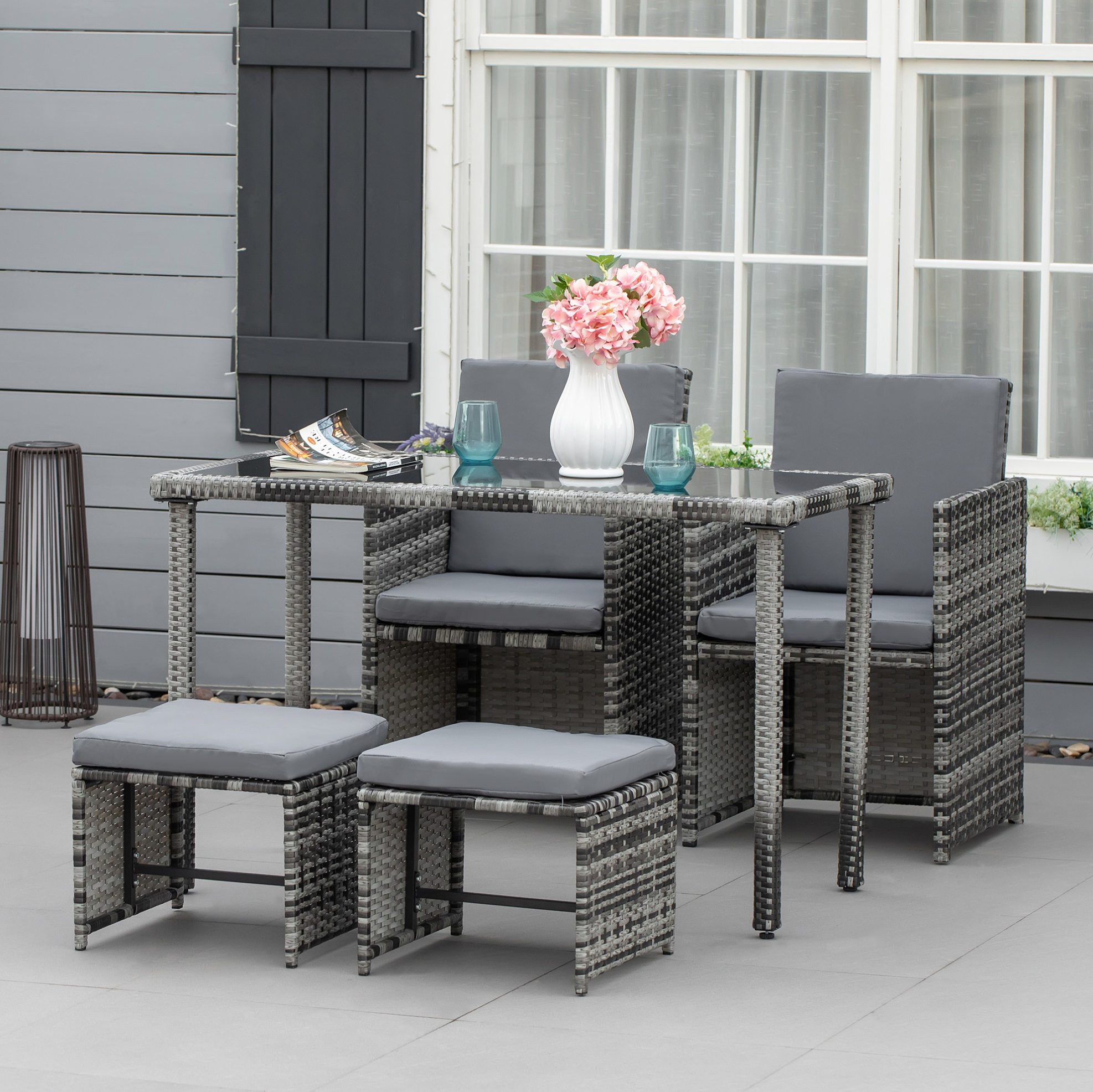 OKWISH Sitzgruppe 4‑tlg. Polyrattan-Sitzgruppe in Grau mit Kissen, wetterfest, (Set, 5-tlg., Outdoor-Speiseset für gemütliche Familienrunden & Grillabende), Essgruppe & Gartenset für Terrasse, Garten & Hof