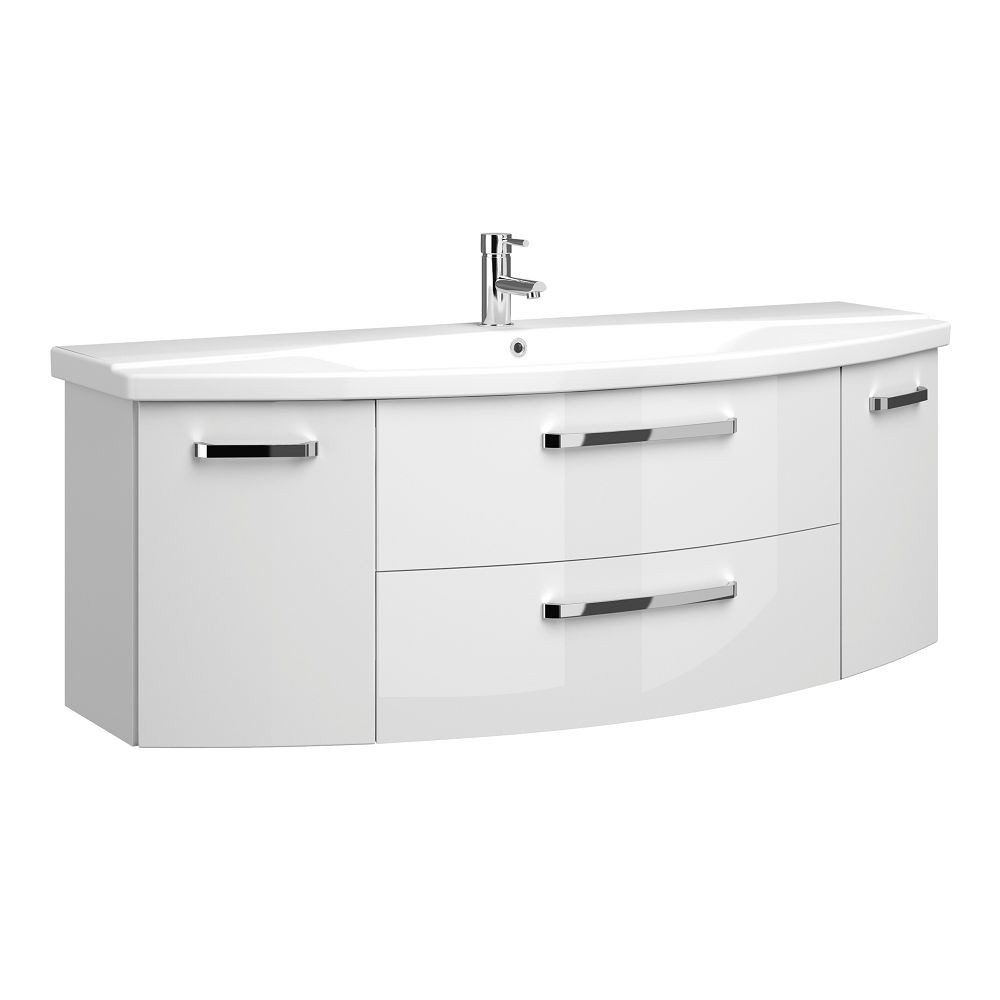 Lomadox Waschtisch FES-4010-66, Badezimmer 140cm Hochglanz weiß mit Keramik Waschbecken - 144/54/50cm