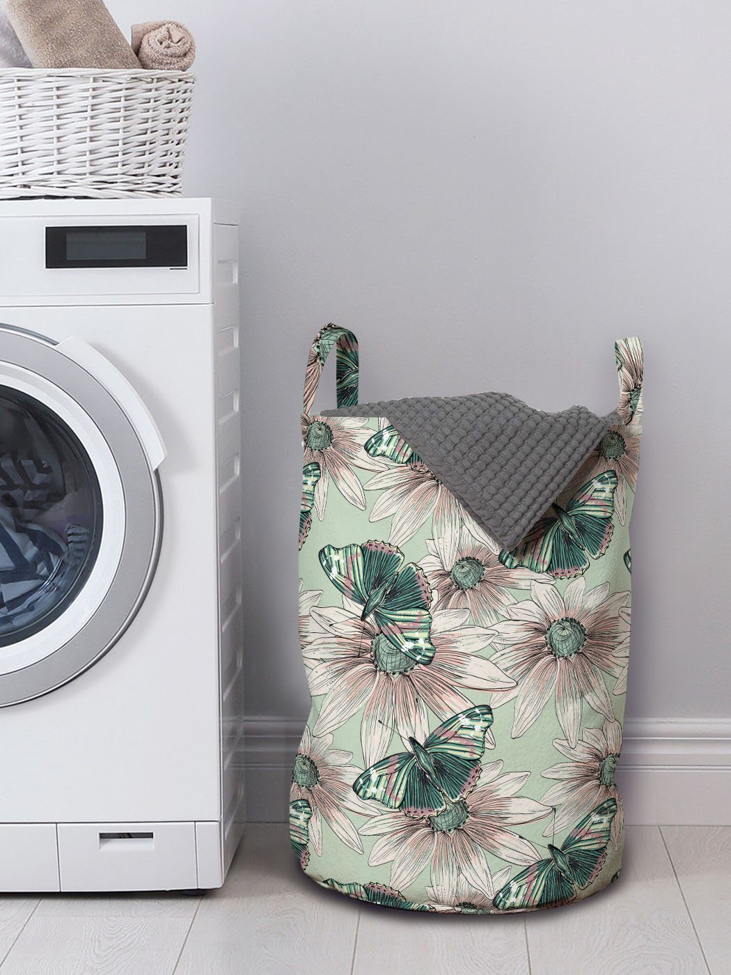 Waschsalons, mit Wäschekorb für Abakuhaus Botanisch Kordelzugverschluss Wäschesäckchen Griffen Weinlese-Blumen-Schmetterling