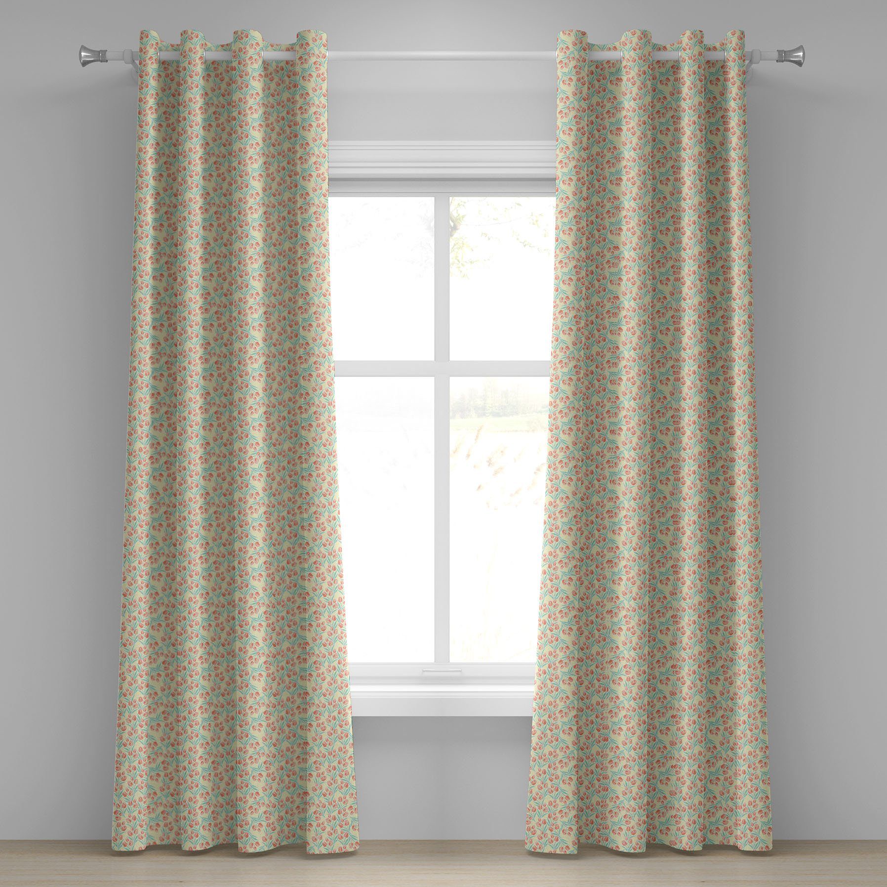 Gardine Dekorative 2-Panel-Fenstervorhänge für Schlafzimmer Wohnzimmer, Abakuhaus, Frühling Saisonale Tulpen Muster