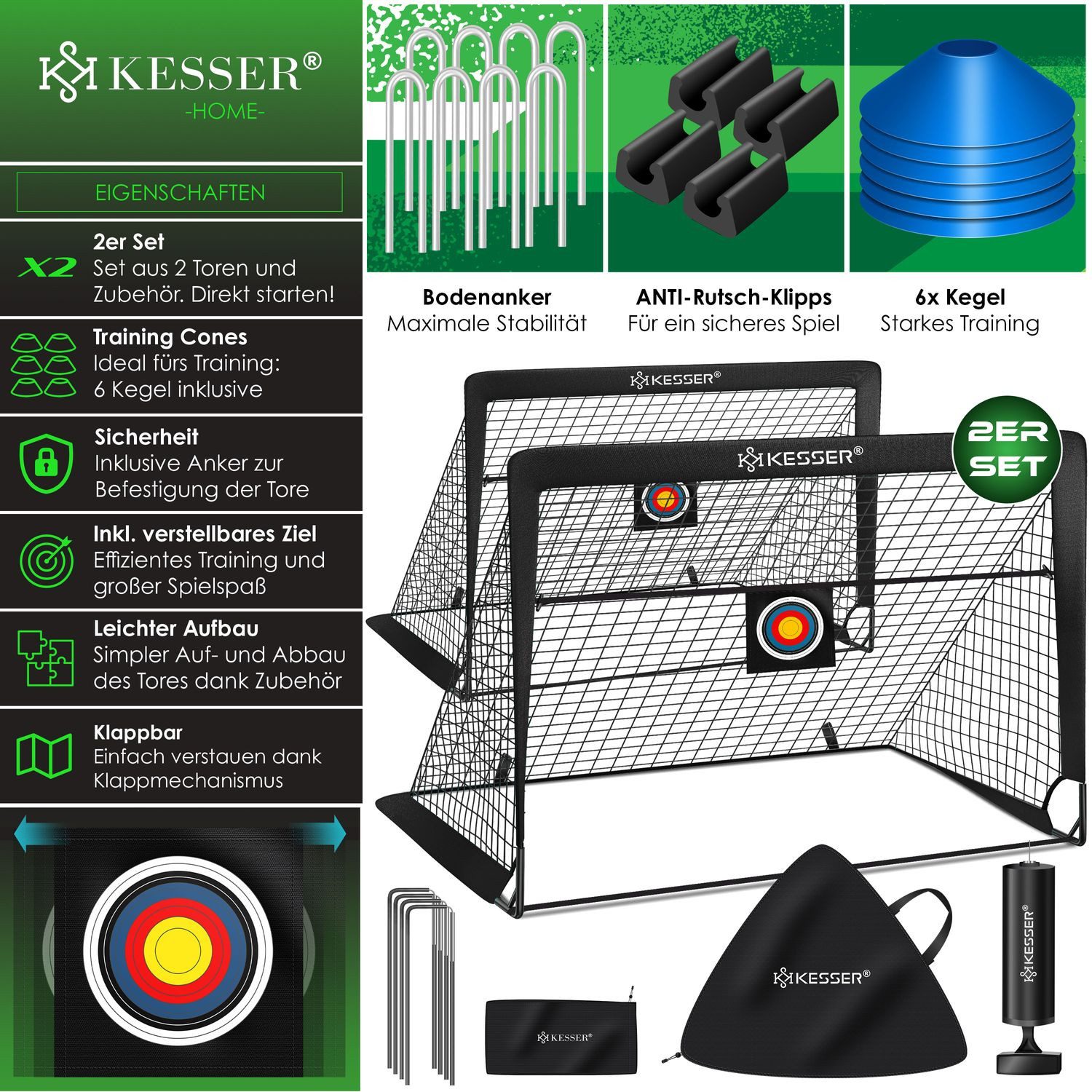 KESSER Fußballtor Set mit Tragetasche, Heringen, Zielscheibe, Hütchen & Pumpe, Pop-Up Tor mit Anti-Rutschfüßen – ideal für Training & Freizeitspiele