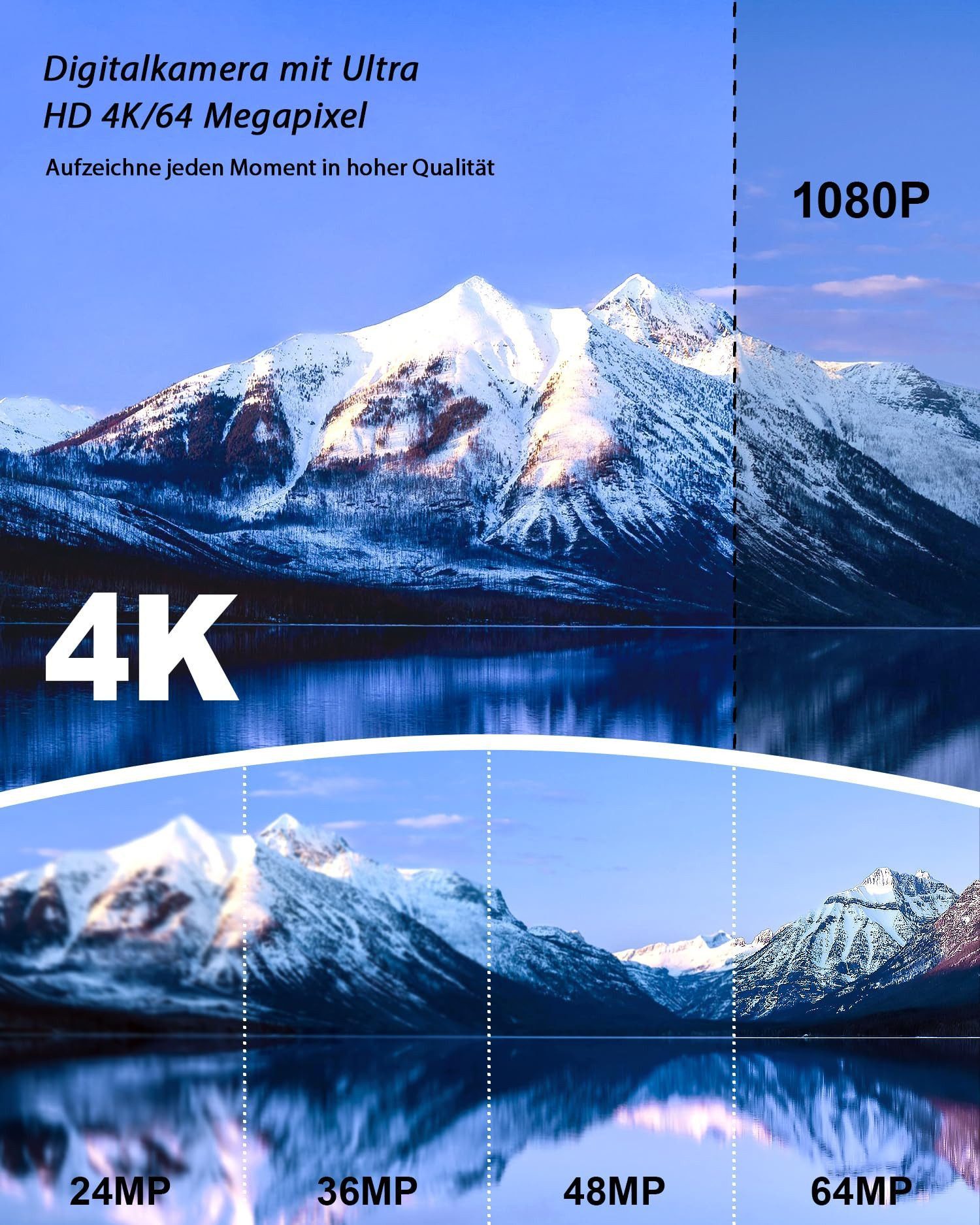 Fine Life Pro Digitalkamera 4K 64MP Fotokamera mit 4.0" Touchscreen, Kompaktkamera (inkl. 16X Digitalzoom Kompaktkamera Mit Selfie-Frontkamera für Anfänger, mit Kameratasche, Haube, 64GB TF-Karte (Doppellinse)