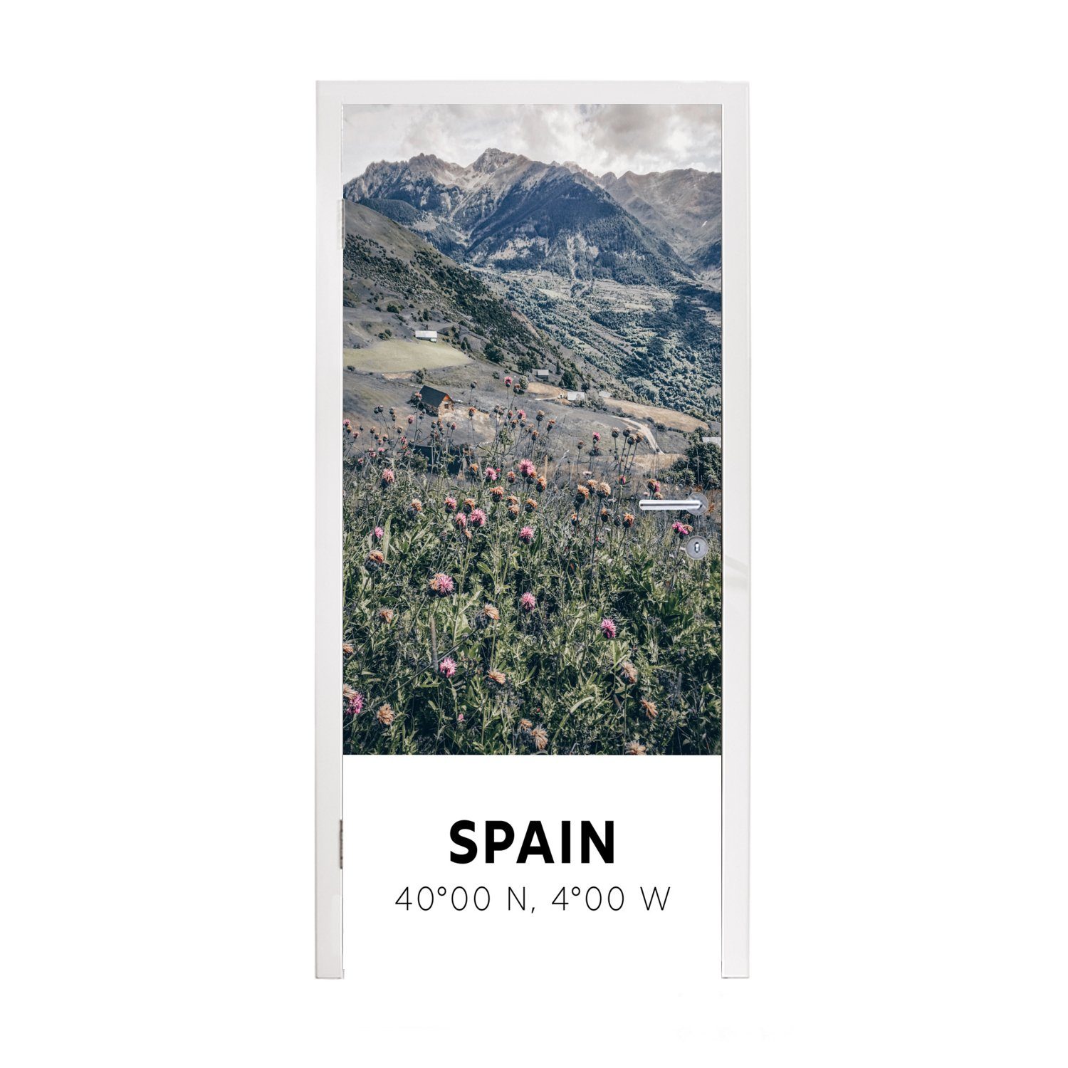MuchoWow Türtapete Spanien - Berge - Blumen, Matt, bedruckt, (1 St), Fototapete für Tür, Türaufkleber, 75x205 cm