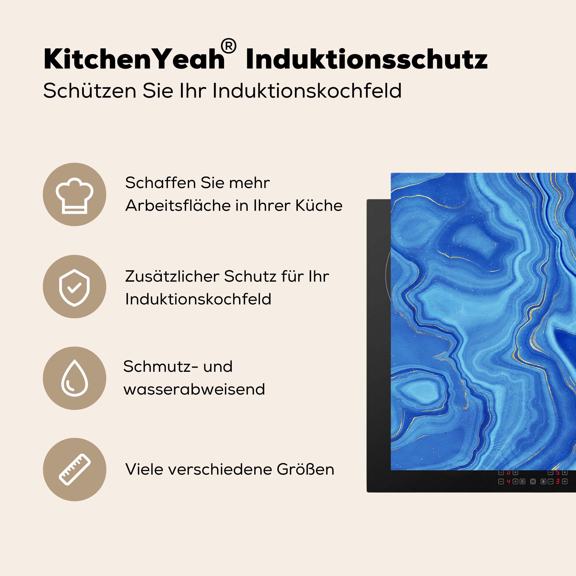 - - cm, Marmor Himmel, Induktionskochfeld tlg), 81x52 Schutz die MuchoWow Herdblende-/Abdeckplatte küche, (1 Gold für Ceranfeldabdeckung Vinyl,