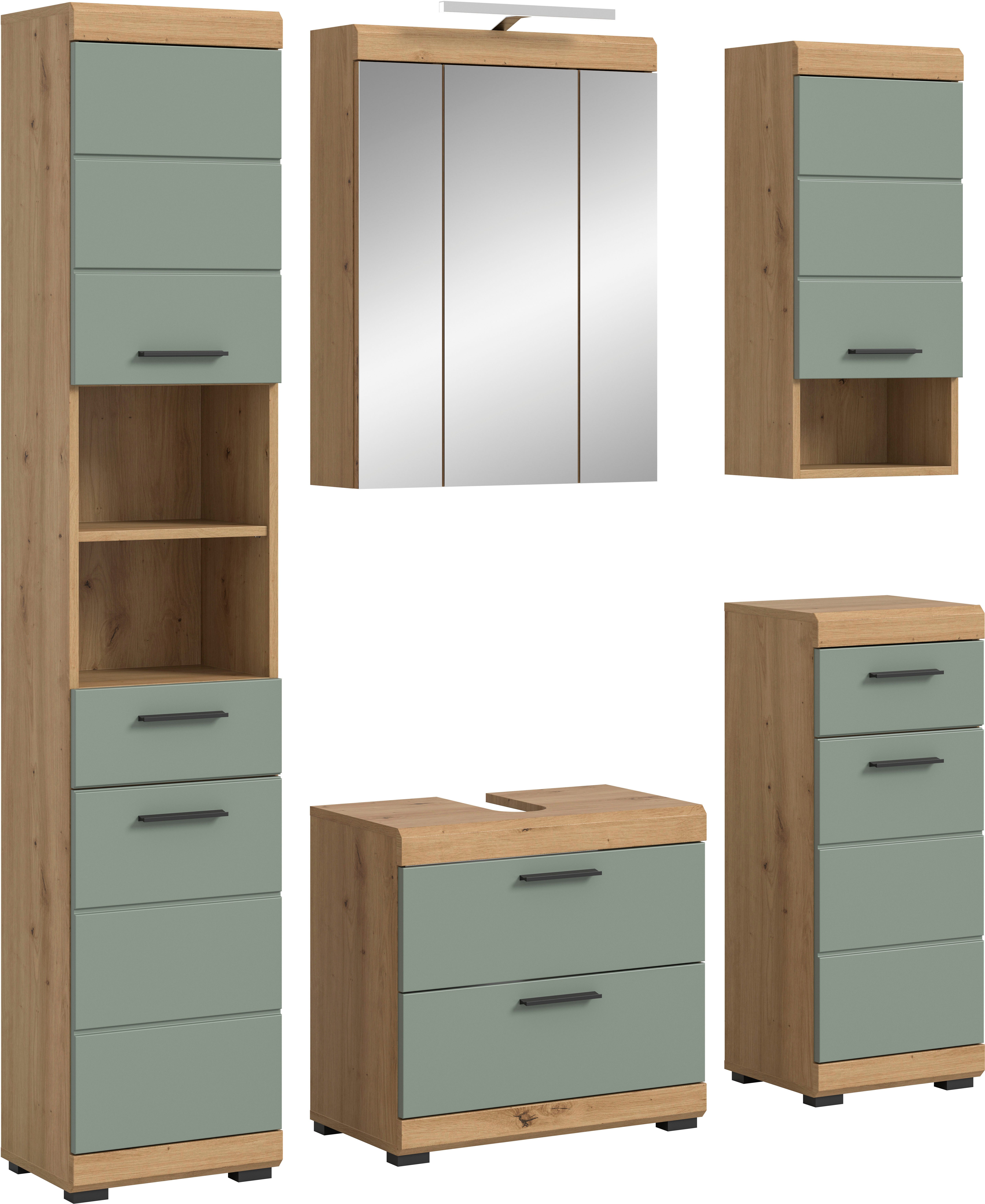 welltime Badmöbel-Set SIENA, 5 teilig, inklusive LED Beleuchtung, bestehend aus:, (Set, 5-St., TOPSELLER), Hochschrank, WBU, Spiegelschrank, Unterschrank, Hängeschrank
