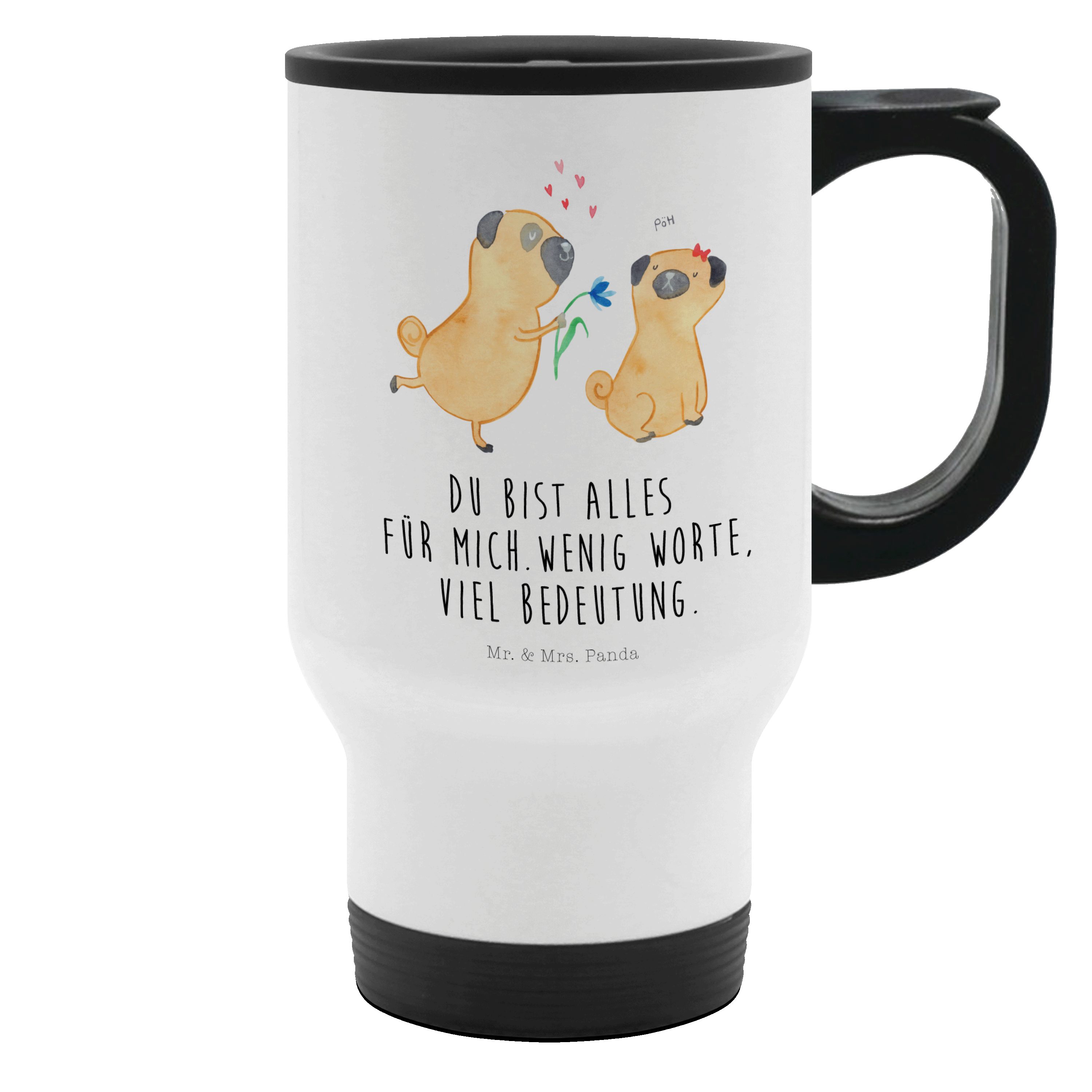 Mr. & Mrs. Panda Thermobecher Mops Verliebt, Kaffee-Thermobecher, Weiß, Knuffig, Thermobecher, To G, Edelstahl, Geschenk Hundeliebe Thermobecher Doppelwandig