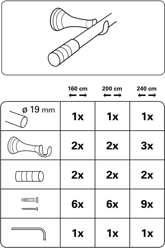 Gardinenstange Gardinenstangen Set Metall, GARDINIA, Ø 19 mm, 1-läufig,  Fixmaß, mit Bohren, Metall, 1-Lauf