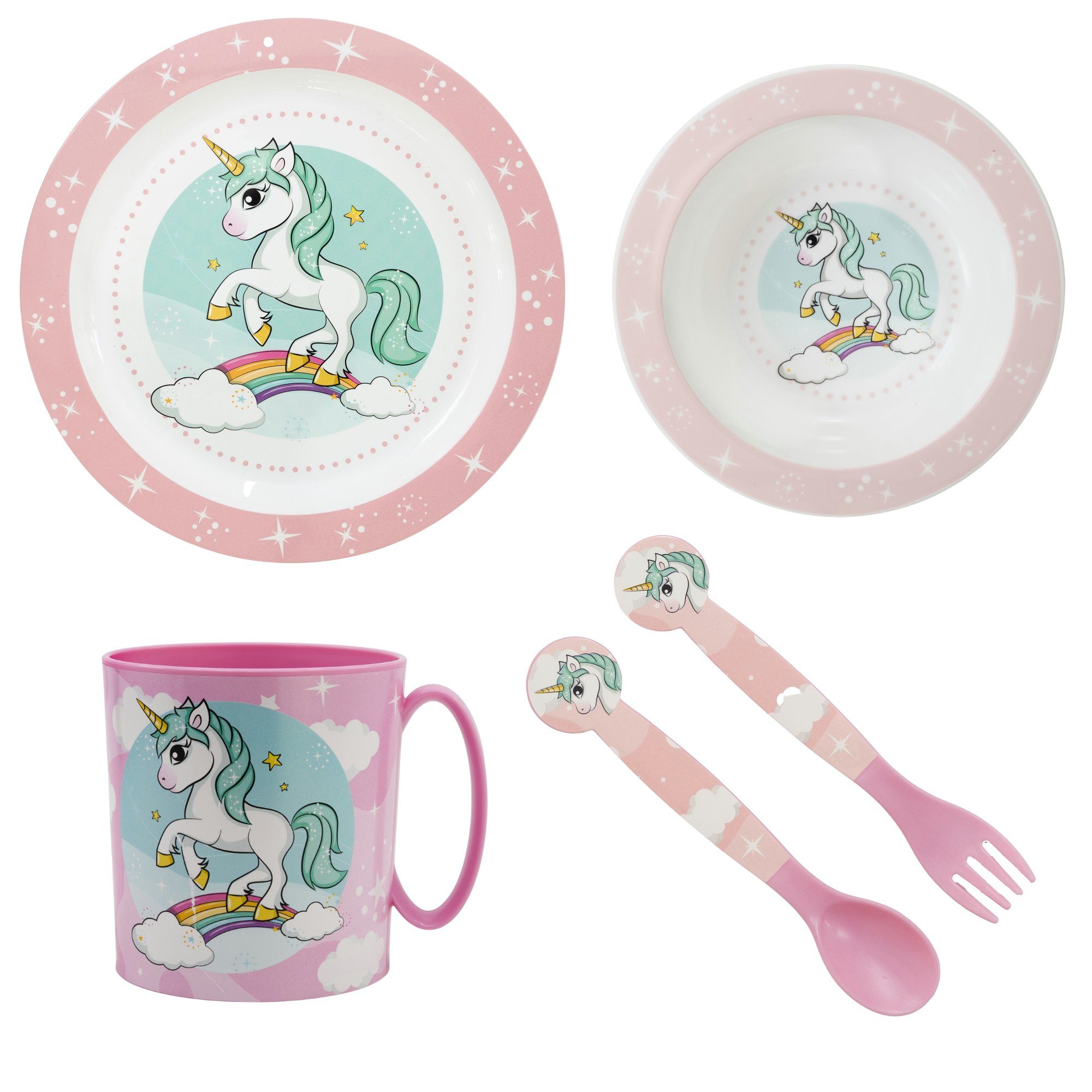 Stor Kindergeschirr-Set Kleines Kuststoff, Personen, Einhorn Schüssel 5 tlg Teller 1 Geschirr-Set Besteck (5-tlg), Unicorn Kinder Becher