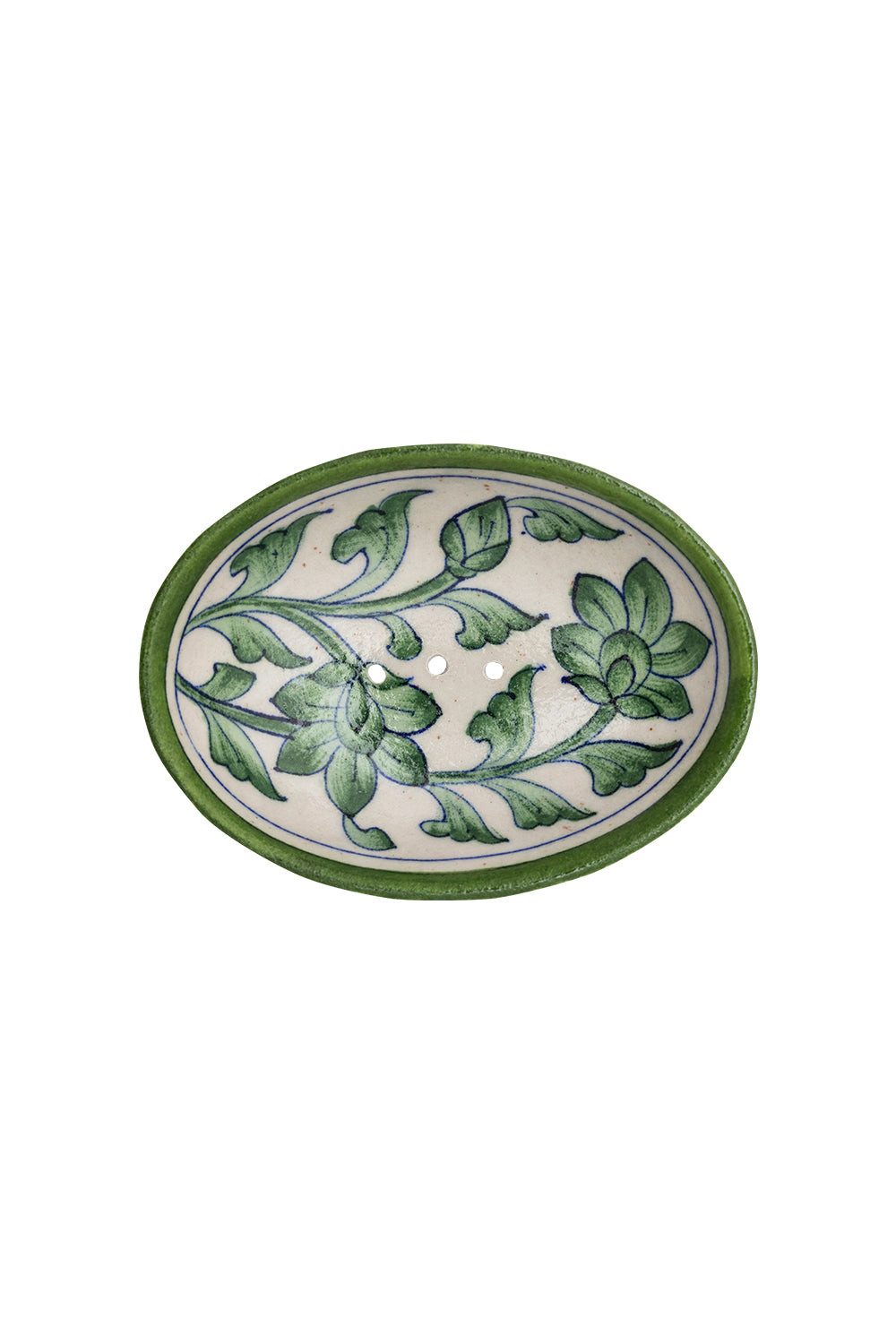 Tranquillo Seifenschale aus Keramik BLUE POTTERY oval 13x10x4 cm handgefertigt mit Pflanzen, Breite: 10 cm, Dekorative, handgefertigte Seifenschale mit Ablauföffnungen für eine trockene und hygienische Aufbewahrung von Seifenstücken., Handbemalte Schale m