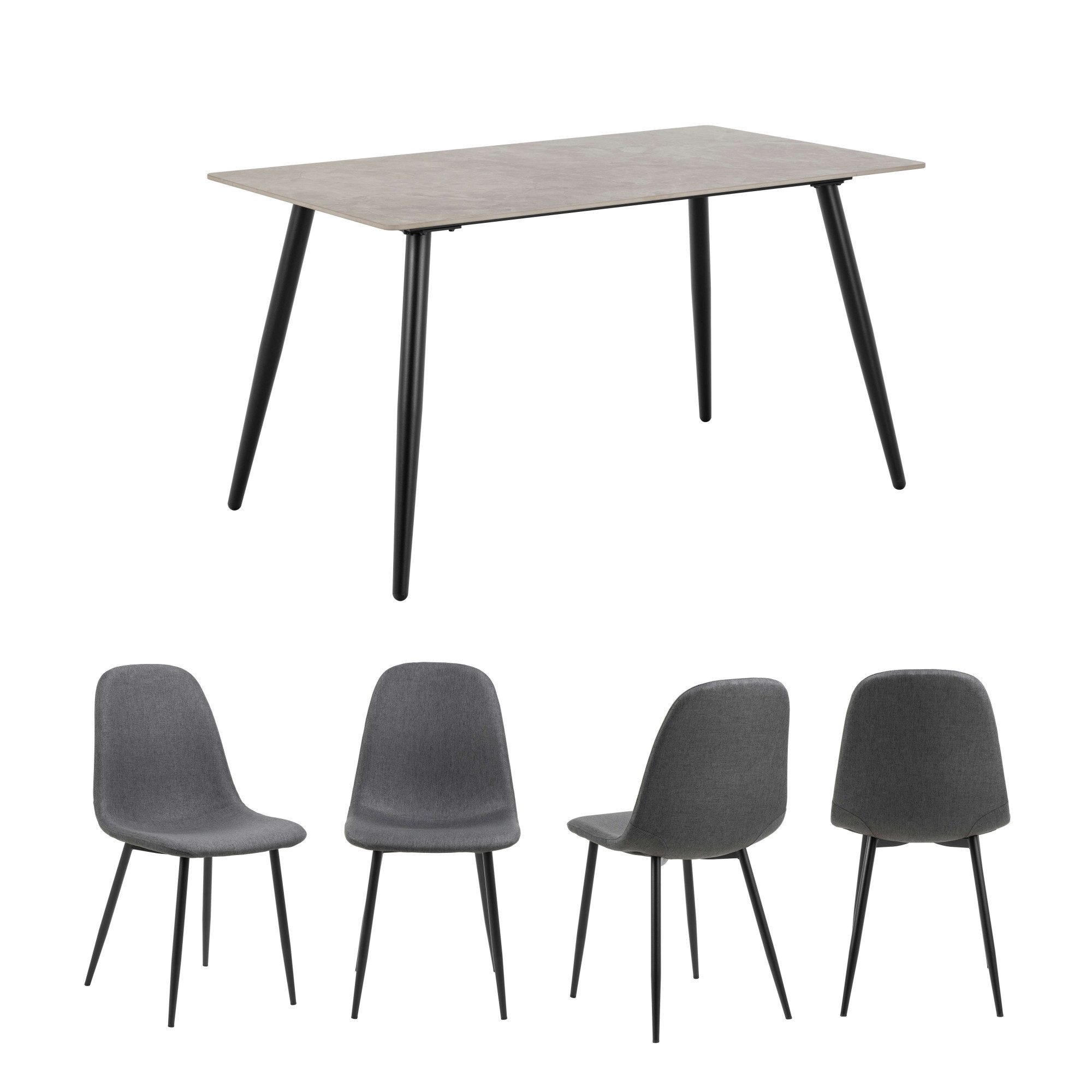 ACTONA GROUP Esszimmer-Set Essgruppe, Speisetisch mit Stühlen, (Komplett-Set, 5-St., 1x Tisch + 4x Stühle), Rechteckig Esstisch+4x Stühle, grau keramik, dunkelgrau,140x80x75cm