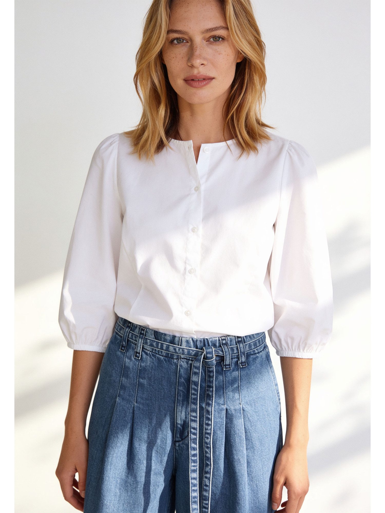 Klassische Bluse leicht taillierte 3/4 Arm-Bluse, Puffärmel