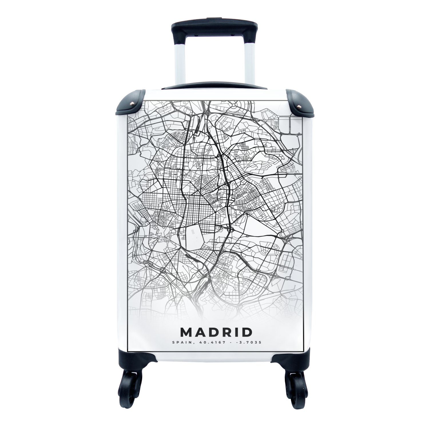 MuchoWow Handgepäckkoffer Madrid - Schwarz 4 weiß Reisetasche Rollen, Stadtplan Ferien, Handgepäck Karte, für Reisekoffer - und rollen, - mit Trolley