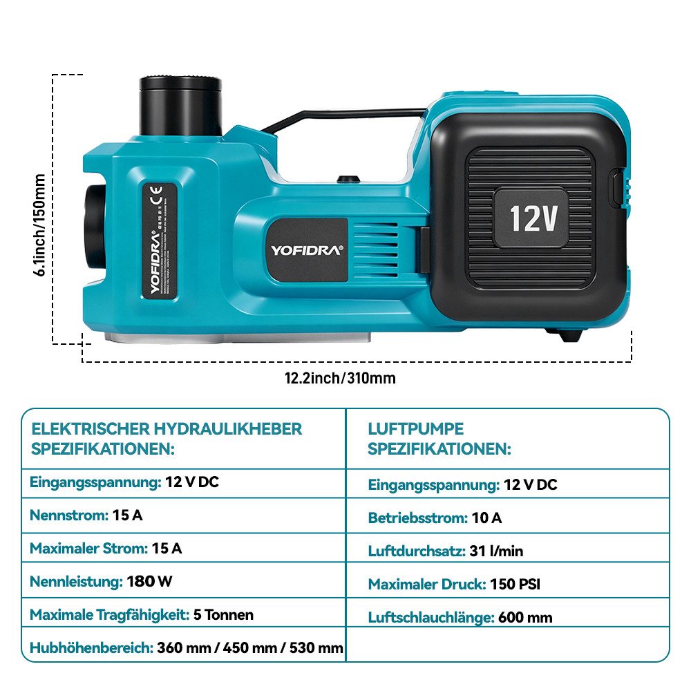 Yofidra Wagenheber 3-in-1 Elektrischer Wagenheber 5T mit Schlagschrauber & Luftpumpe, max. Hubhöhe: 53 cm, 1-tlg., Notfall-Set mit Koffer, LED-Licht für PKW, SU – Bild 4 von 5