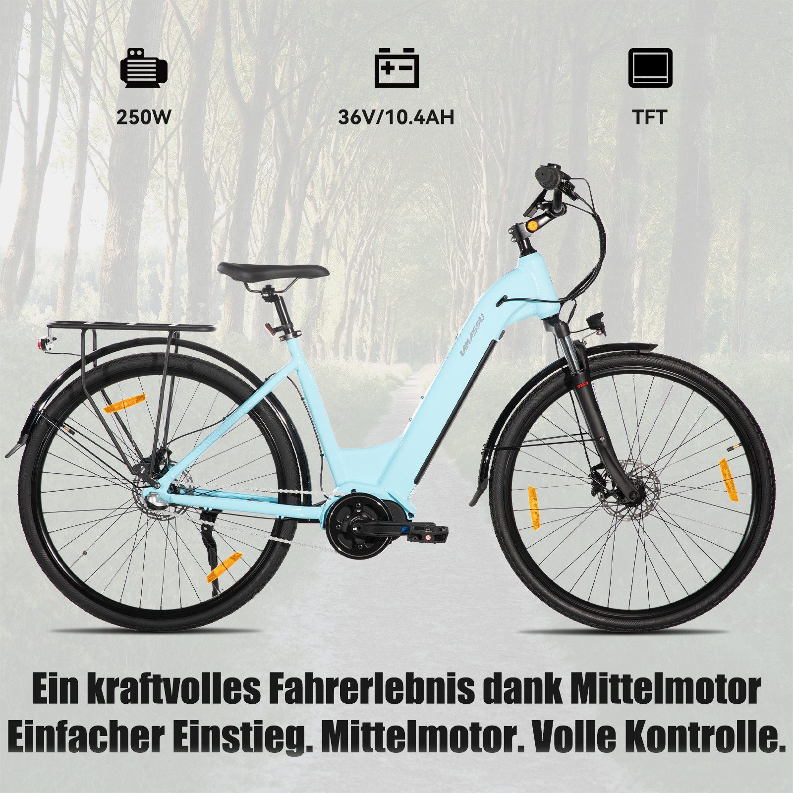 HILAND E-Bike 28 Zoll E-Bike Trekkingrad mit Gepäckträger für Alltag und Touren, Mittelmotor