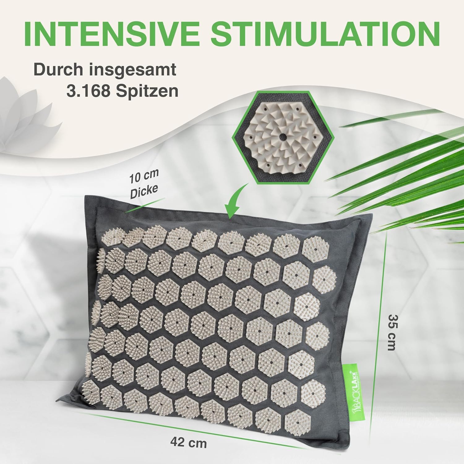 BACKLAxx® Akupressurmatte Akupressurkissen Nackenkissen für Nacken Schulter Rücken Beine (Akupressur, Kissen mit 3.168 Spitzen, inkl. Video Guide), für Verspannungen Nacken Rücken Beine & gegen Kopfschmerzen & Migräne