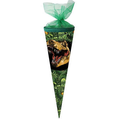 Nestler Schultüte Dino Dschungel, 35 cm, rund, mit grünem Tüllverschluss, Zuckertüte für Geschwister
