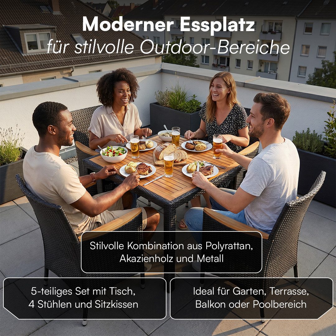 STEELSØN Garten-Essgruppe Fawaris wetterfest, Polyrattan Sitzgruppe mit Akazienholz, (Schwarz, 1 Tisch & 4 Gartenstühle), Gartentisch verfügbar mit 4 oder 6 Stühlen