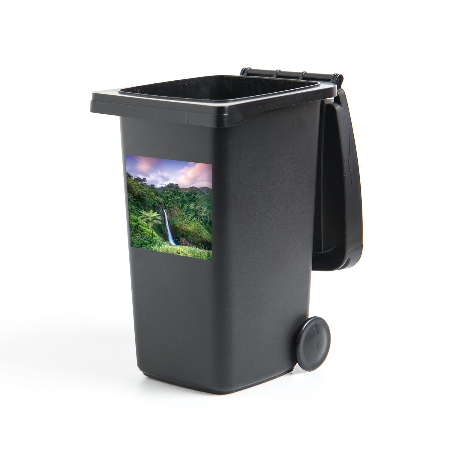 Mülltonne, Wasserfall einen Rica Regenwald (1 auf Blick Costa fantastischen in Sticker, Wandsticker Mülleimer-aufkleber, im Abfalbehälter Container, St), MuchoWow