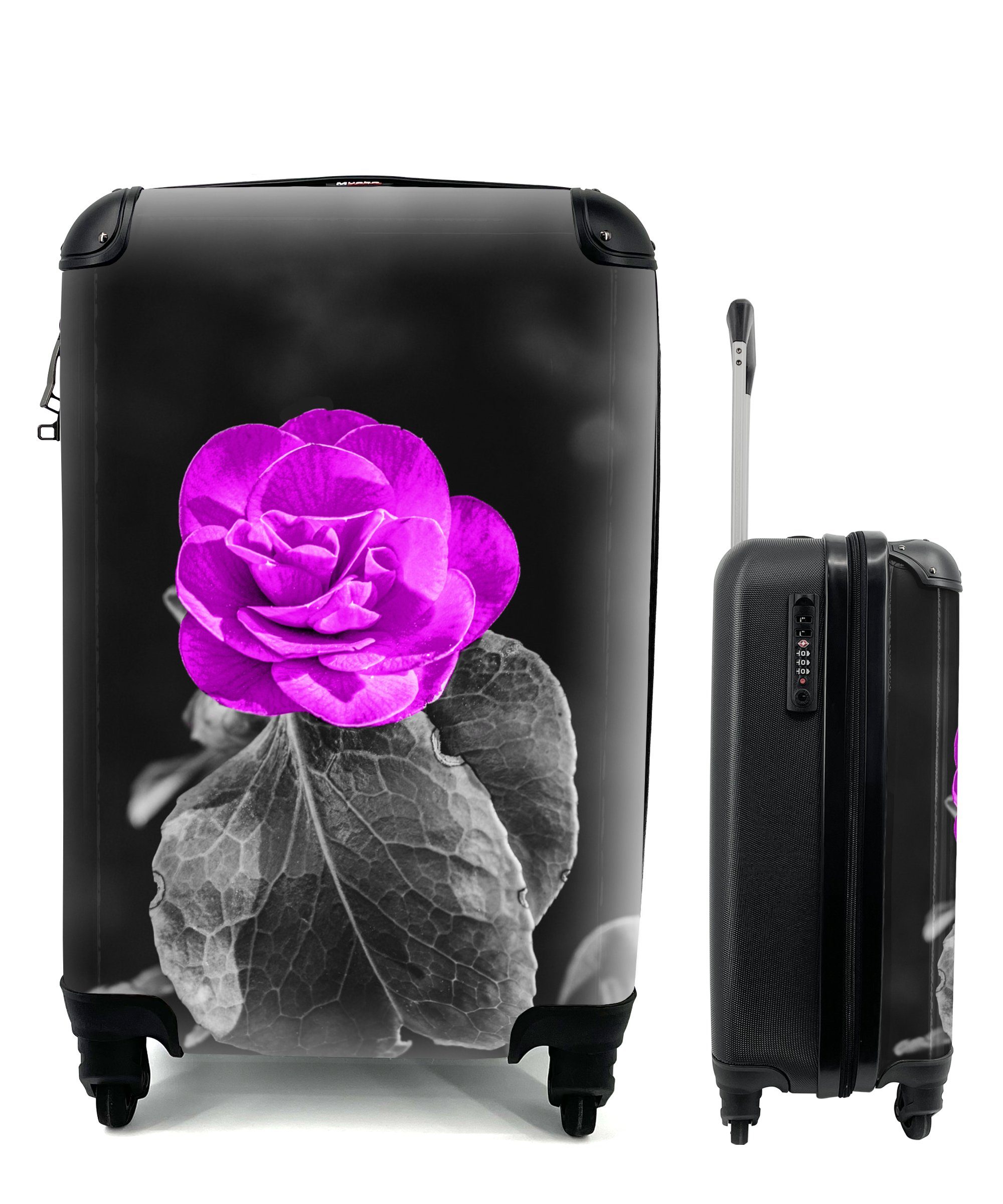MuchoWow Handgepäckkoffer Blumen - Rose - Lila - Schwarz - Weiß, 4 Rollen, Reisetasche mit rollen, Handgepäck für Ferien, Trolley, Reisekoffer