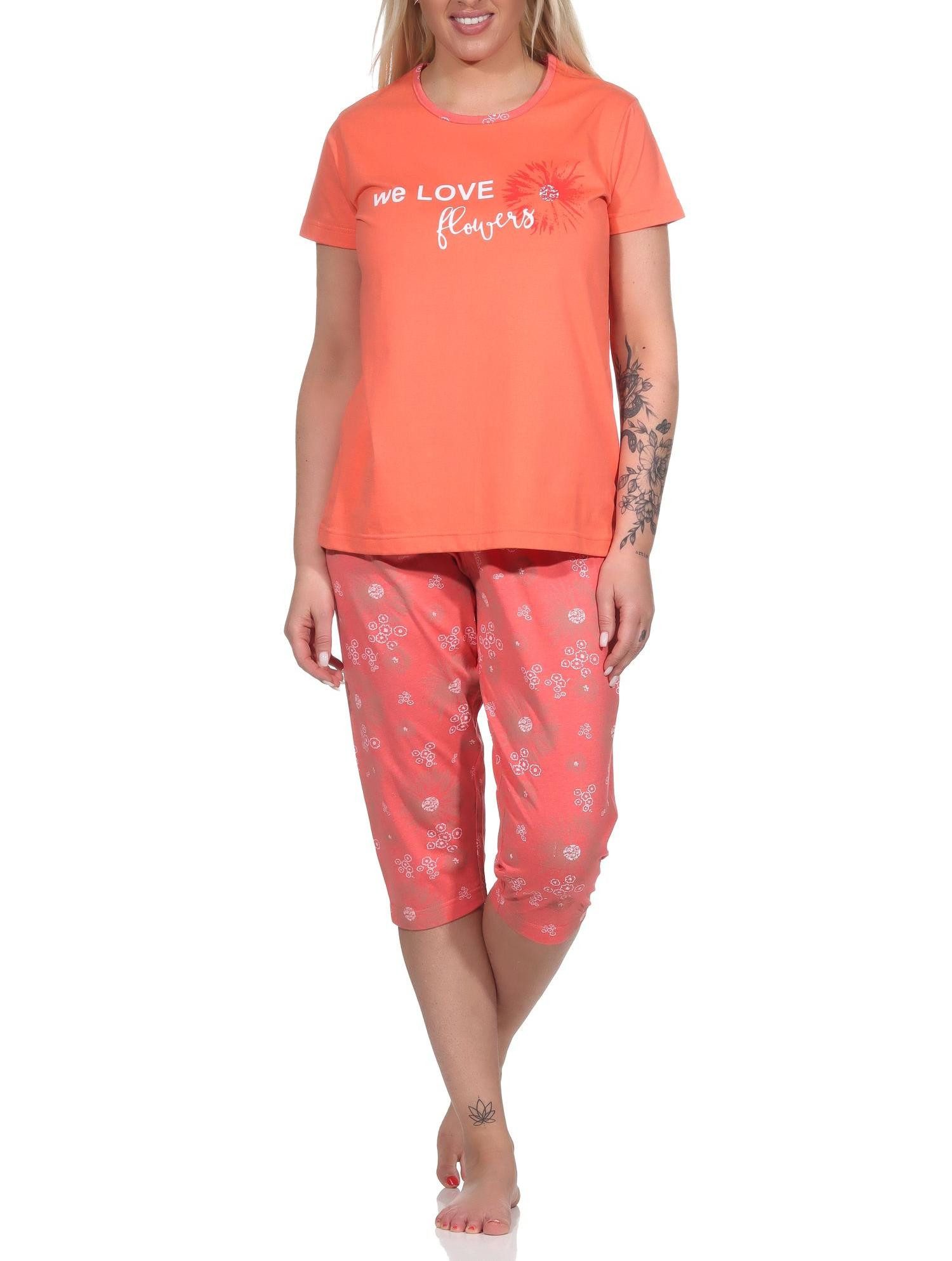 Normann Pyjama Damen kurzarm Schlafanzug mit Caprihose in geblümter Optik – Bild 2 von 5