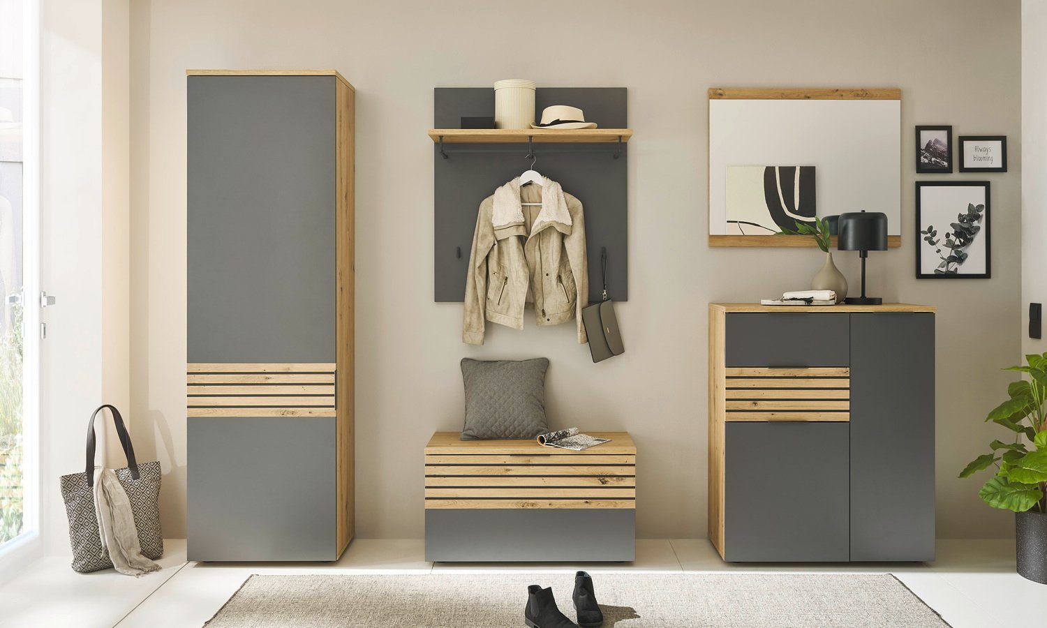 moebel-dich-auf Garderoben-Set MAILAND, (Komplett-Set, Garderobenschrank + Paneel + Bank + Spiegel + Schuhkommode), erhältlich in 2 Farbkombinationen