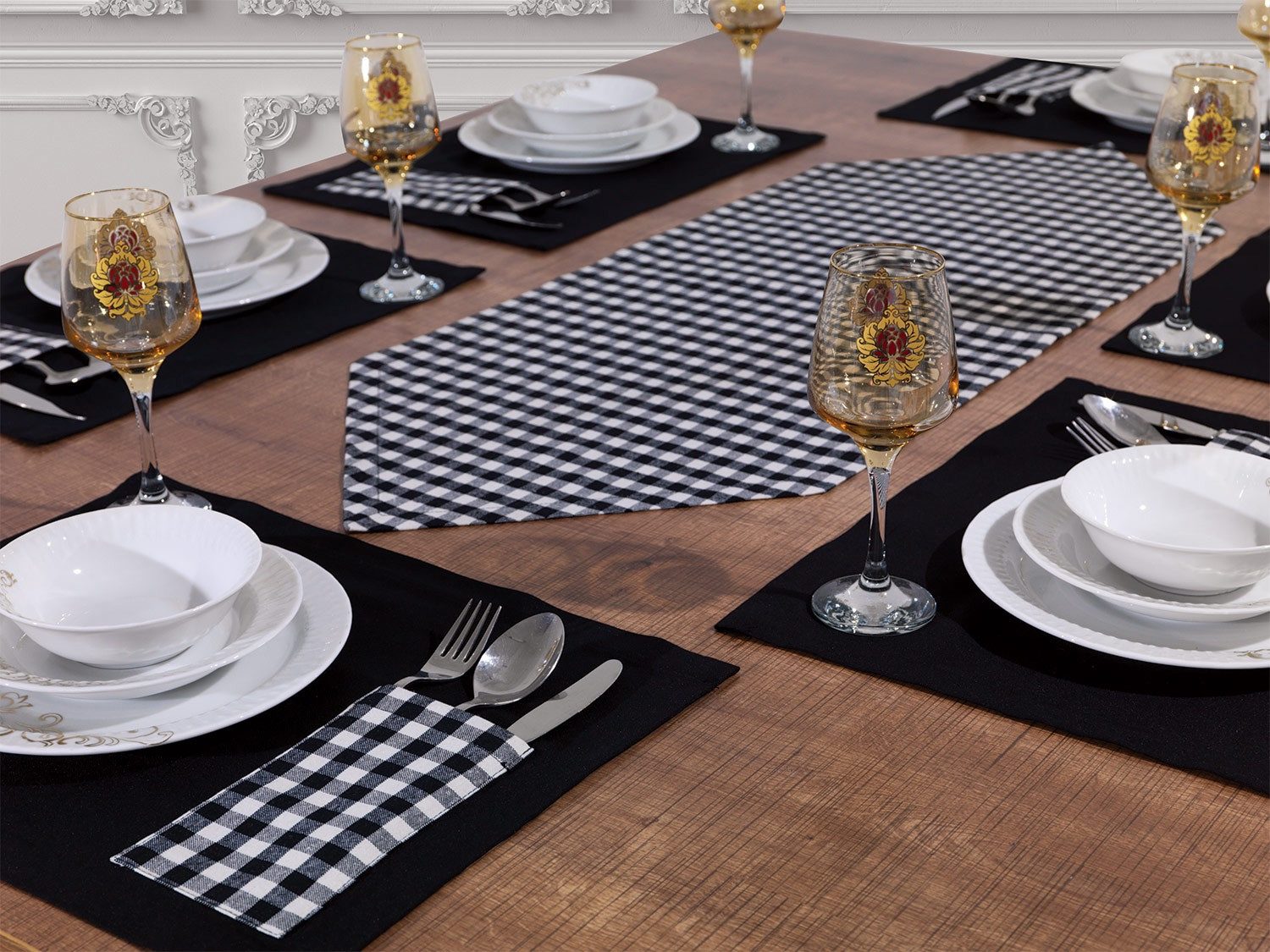 Ekershop Tischläufer und 6 Platz-Matten Set Tischset Platzset Platzdecken Schwarz Kariert (Kariert)