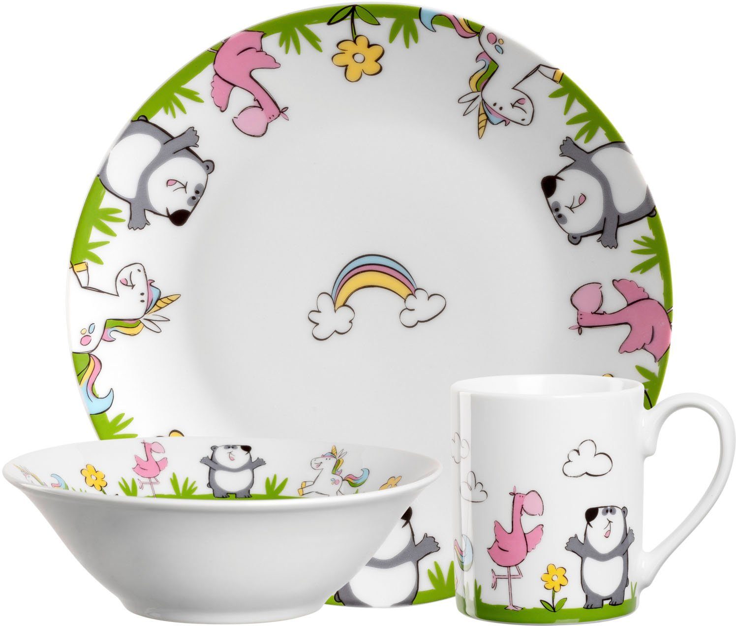 LEONARDO Kindergeschirr-Set BAMBINI (3-tlg), 1 Personen, Porzellan, Einhorn/Panda/Flamingo