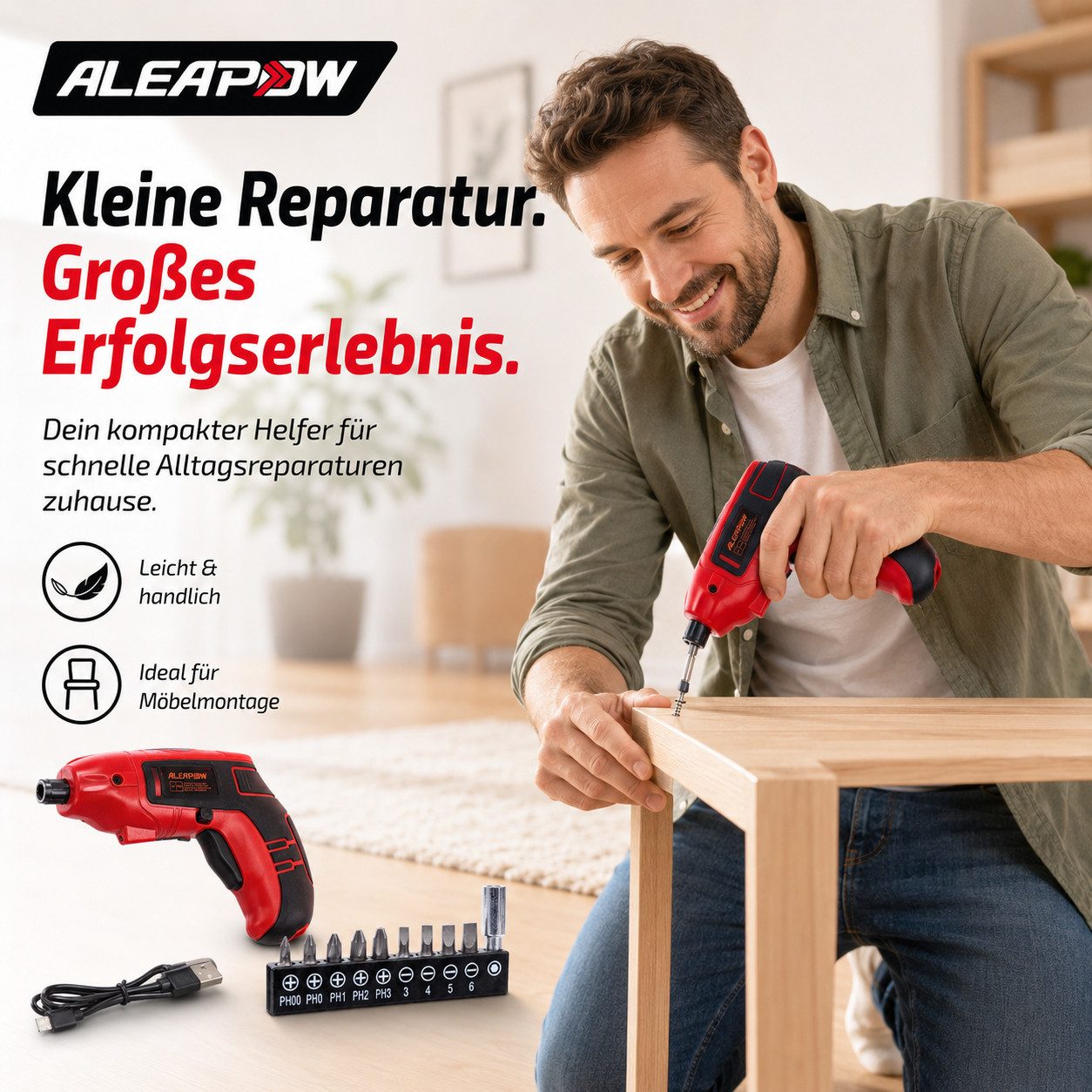 Aleapow Akku-Schrauber, 200,00 U/min, 5,00 Nm, (Mini Akkuschrauber, 11-tlg., 2000mAh 3,6 V Akkuschrauber Klein), Schraubendreher mit 9+1 Bits LED Licht, USB Ladekabel für Schrauben