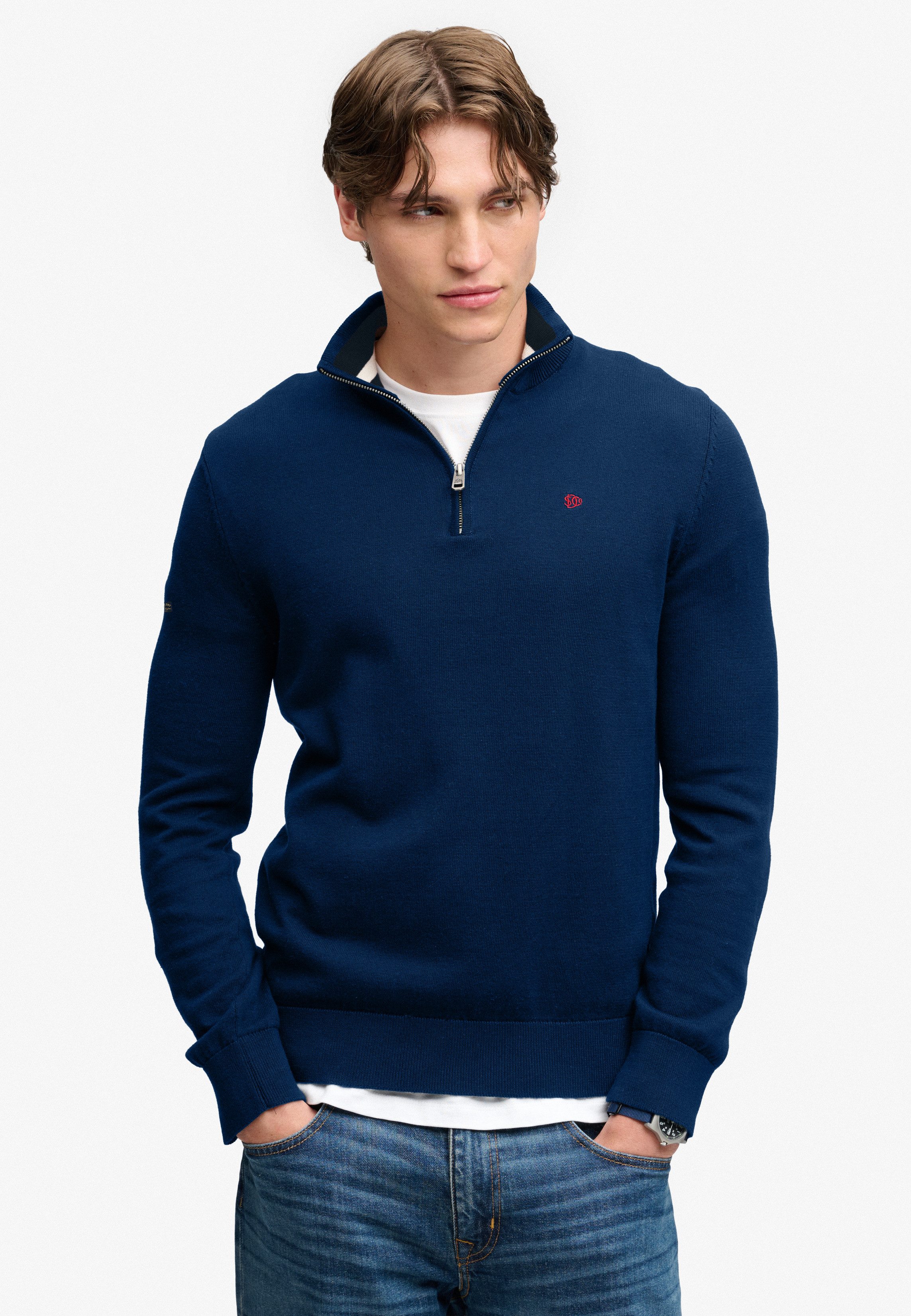 Superdry Strickpullover PREP ESSENTIAL COTTON HALF ZIP Baumwolle, slim fit