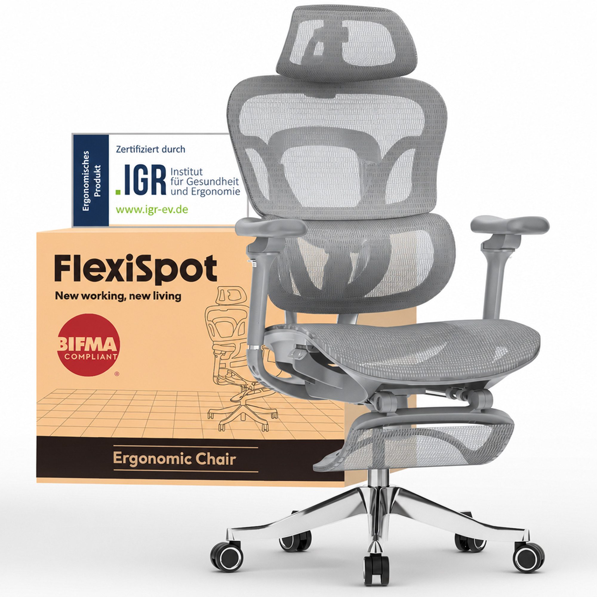 FLEXISPOT Bürostuhl ErgoX, Schreibtischstuhl Premium Ergonomischer (MIT Fußstütze, 5D Armlehnen & 4D Kopfstütze, 5D-verstellbare Rückenlehne), für Büroarbeit, Home Office und Gaming, 300KG Tragkraft