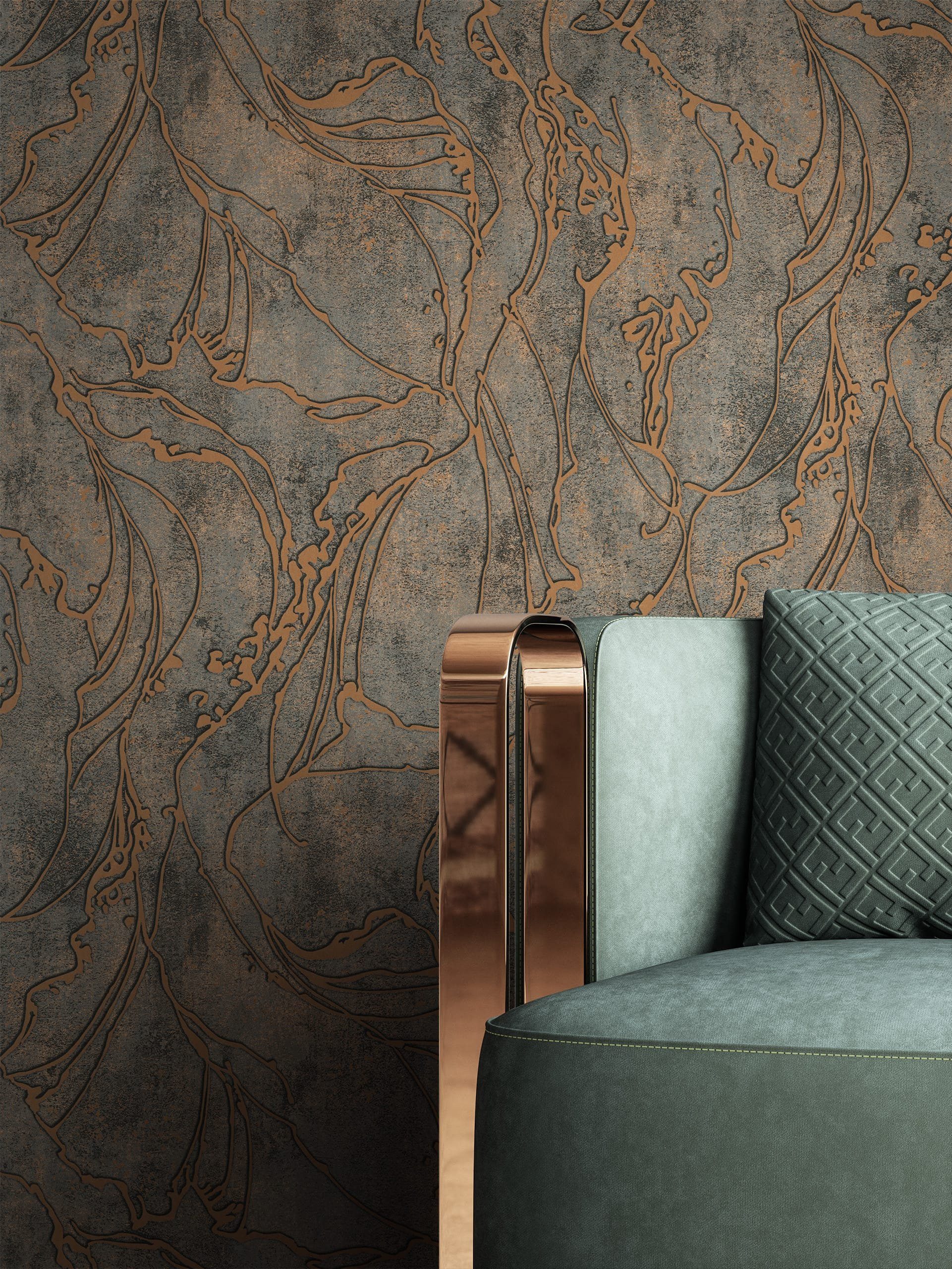 Newroom Vliestapete Fozia Black Copper Tapete Mustertapete Grafik,Linien,Leicht glänzend, Schwarz Tapete Modern Grafik - Glanztapete Abstrakt Kupfer Metallic Grafisch 3D Optik Linien Leicht glänzend für Wohnzimmer Schlafzimmer Küche, Glanztapete