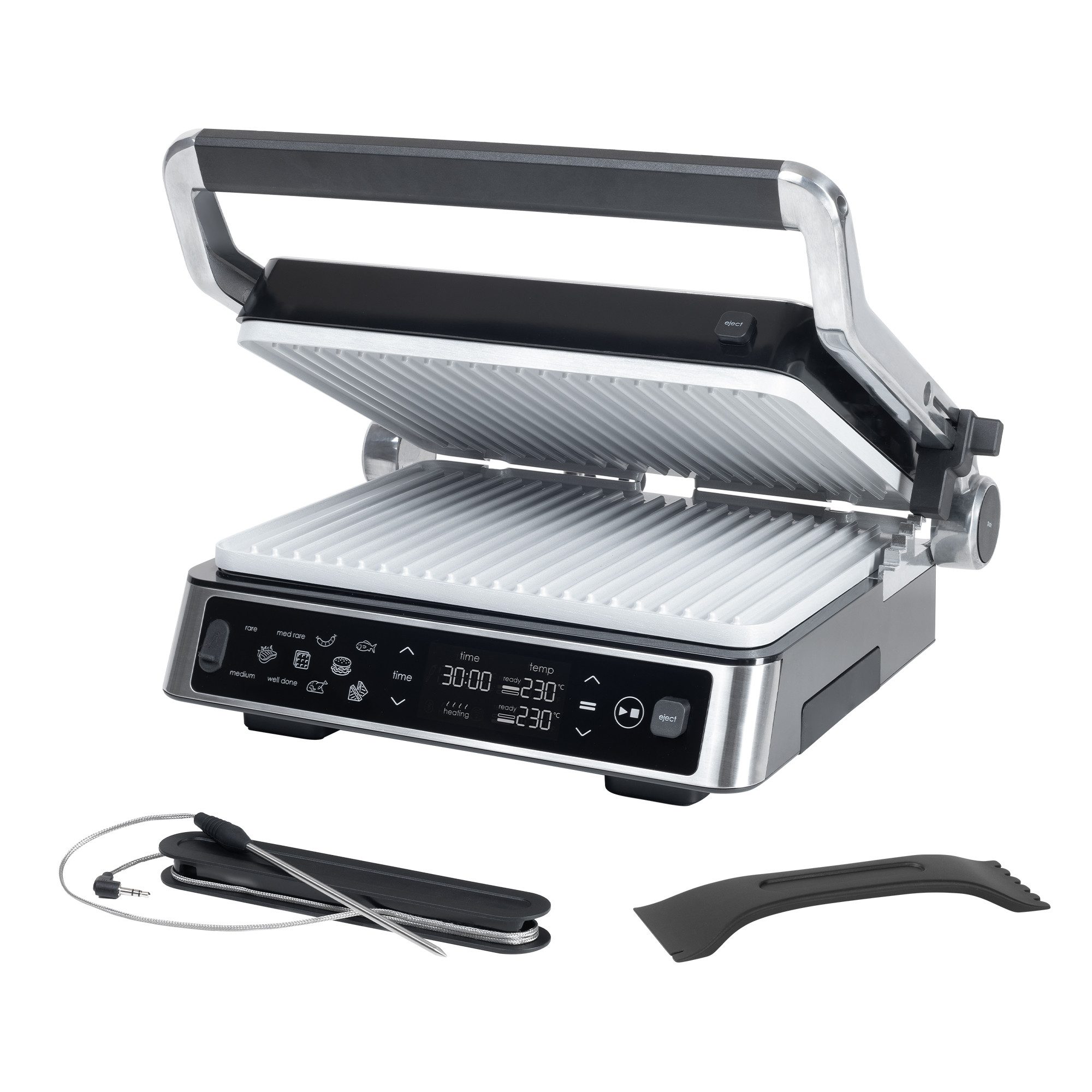 Genius Kontaktgrill Genius Chef Kontakgrill, Elektrogrill Edelstahl für Sandwiches Steak, 2000,00 W, 2 flexibel austauschbare Platten Integrierte Fettauffangschale