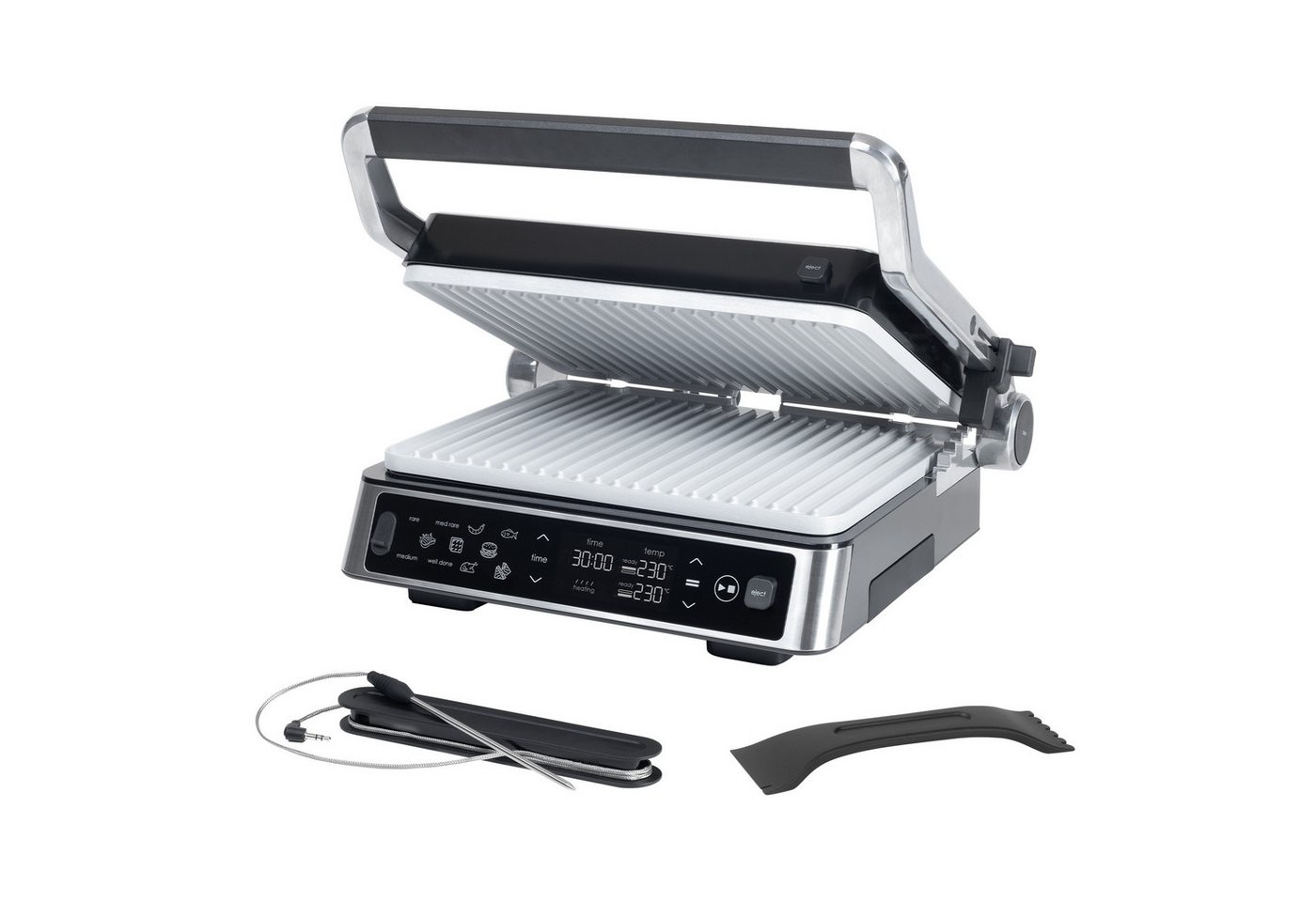 Genius Kontaktgrill Genius Chef Kontakgrill, Elektrogrill Edelstahl für Sandwiches Steak, 2000,00 W, 2 flexibel austauschbare Platten Integrierte Fettauffangschale