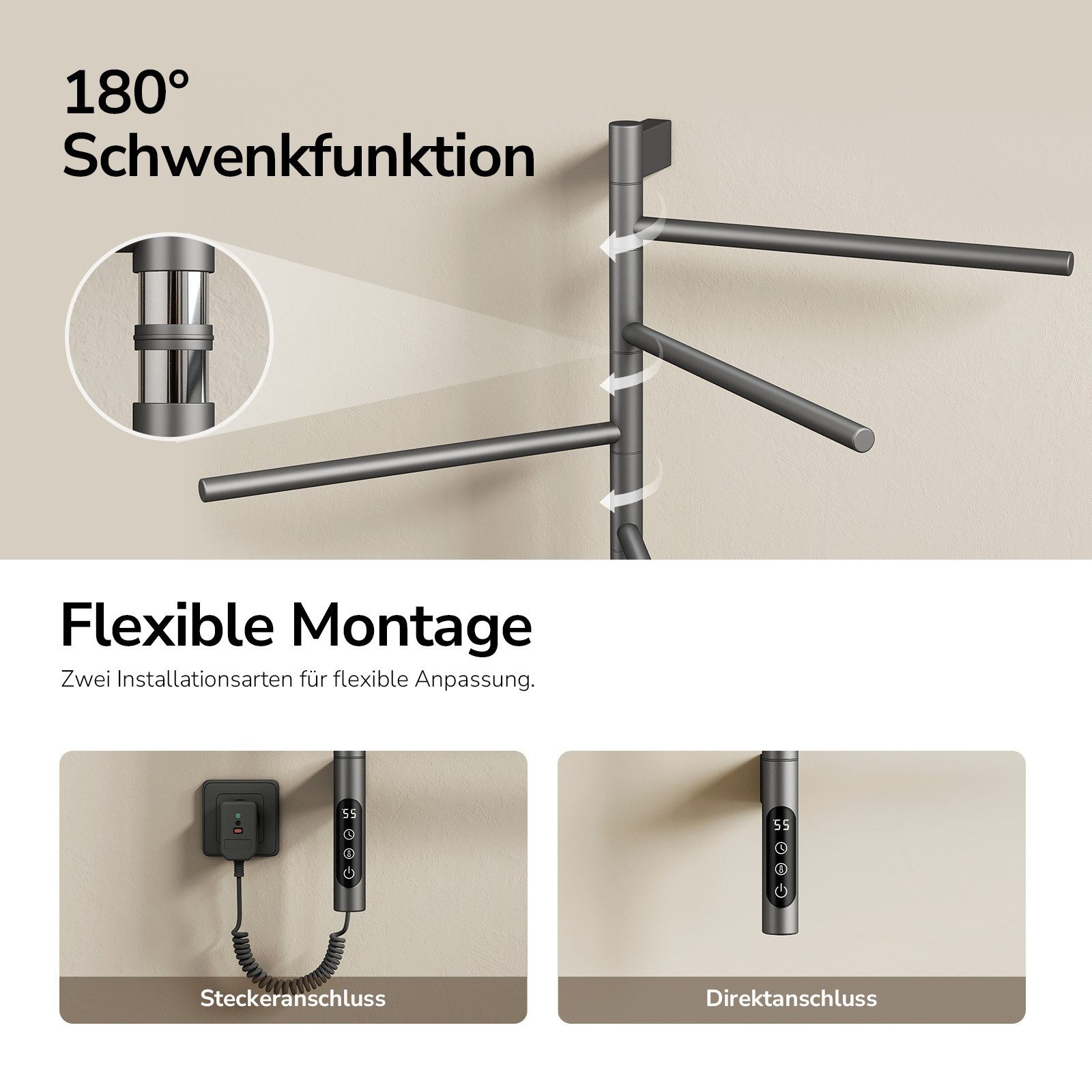 EMKE Elektrischer Badheizkörper Handtuchheizkörper mit 6 schwenkbaren Armen, LED‑Touchscreen, 135 W, mit App‑Steuerung & Sprachsteuerung 78,2 x 45 cm