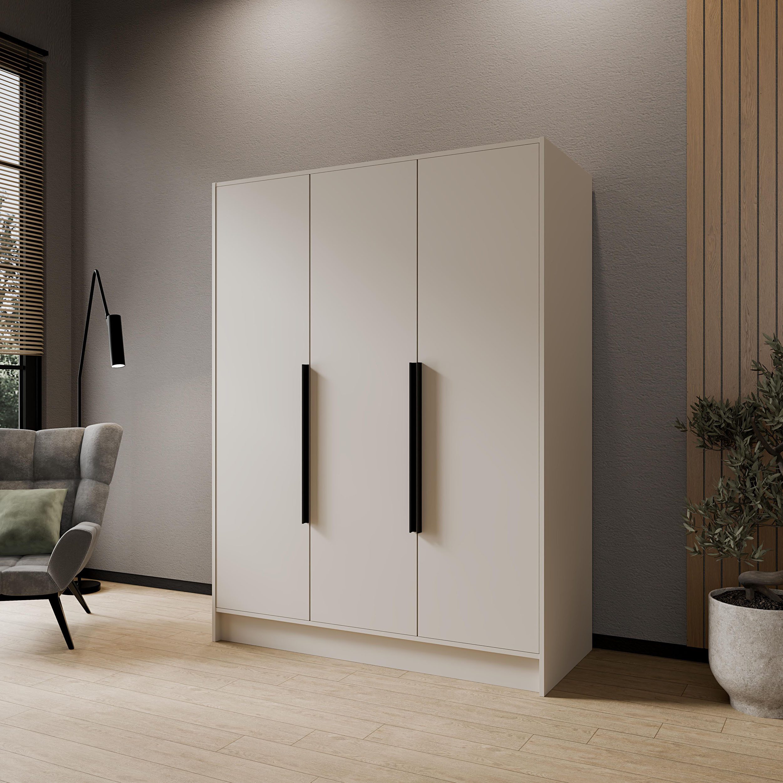 WFL GROUP Kleiderschrank Mono Bis Garderobenschrank für Schlafzimmer im Skandi-Stil (in 3 Größen: 100/150/200 cm Breite, 200 cm Höhe, 51 cm Tiefe) mit Schwarze/Goldene Metallgriffe, Drehtürenschrank mit viel Stauraum