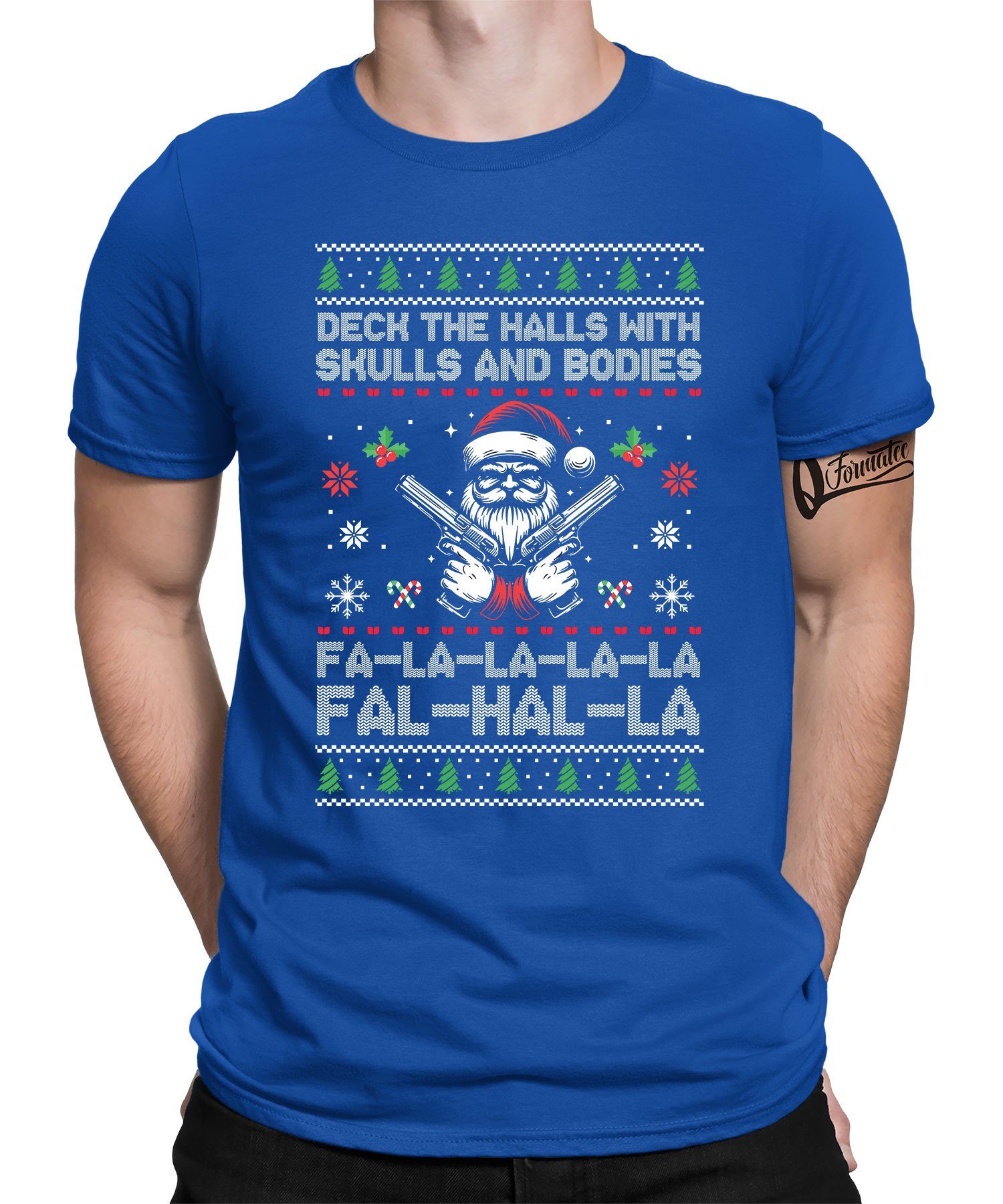 Quattro Formatee Kurzarmshirt Fa-La-La-La Valhalla Wikinger Pistole - Weihnachten X-mas Weihnachtsge (1-tlg) Blau