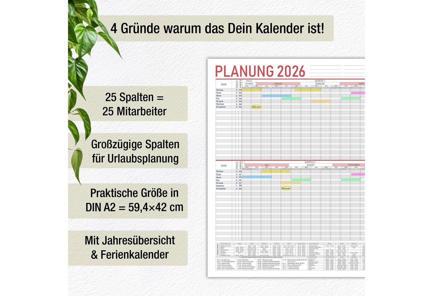 Thumbnail - TOBJA Wandkalender A2 Urlaubsplaner 2026 Mitarbeiterplaner Schichtplaner (42 x 60 cm), Urlaubskalender Mitarbeiterplaner...