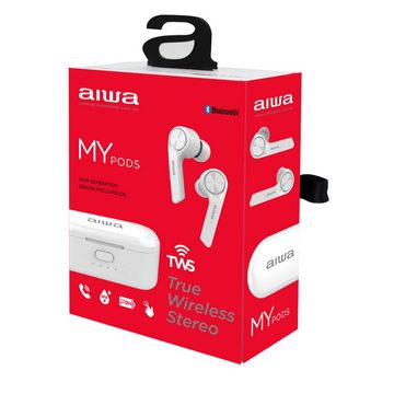 Aiwa ESP-350 In-Ear Bluetooth Kopfhörer mit Ladestation IPX4 wasserdicht In-Ear-Kopfhörer (Custom Fit Silikonspitzen in 3 Größen erhältlich (S, M, L), zwei integrierte Mikrofone, Touch-Bedienung an beiden Ohrhörern)